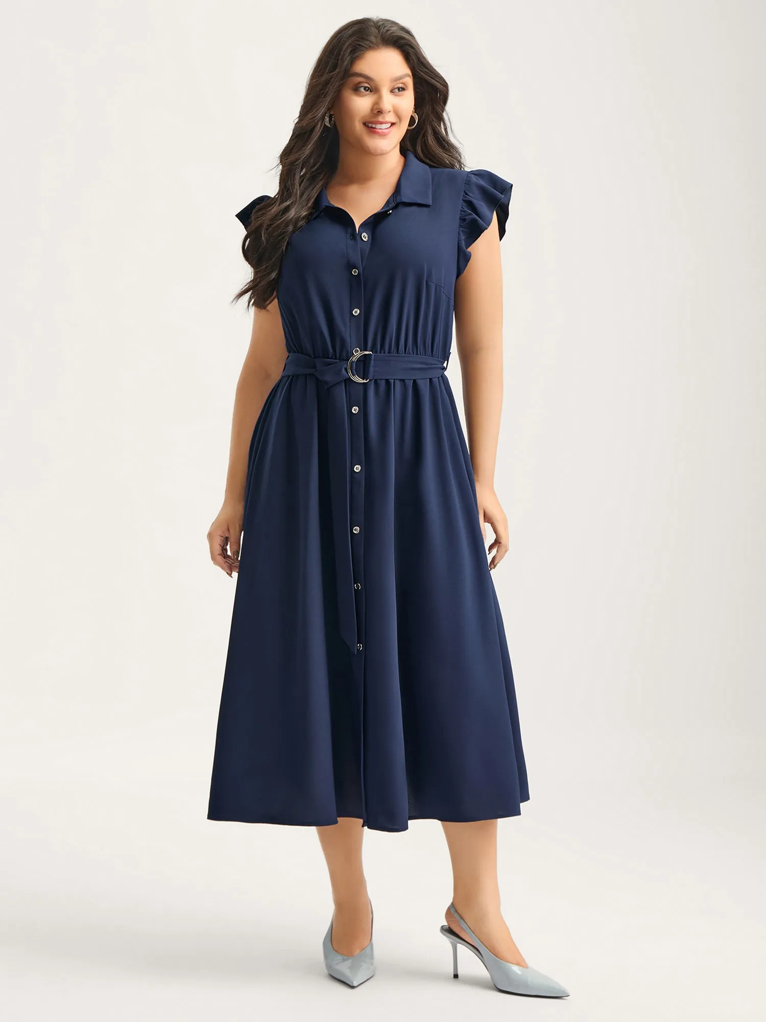 Flutter Sleeve Belted Shirt Dress sold by Bloomchic