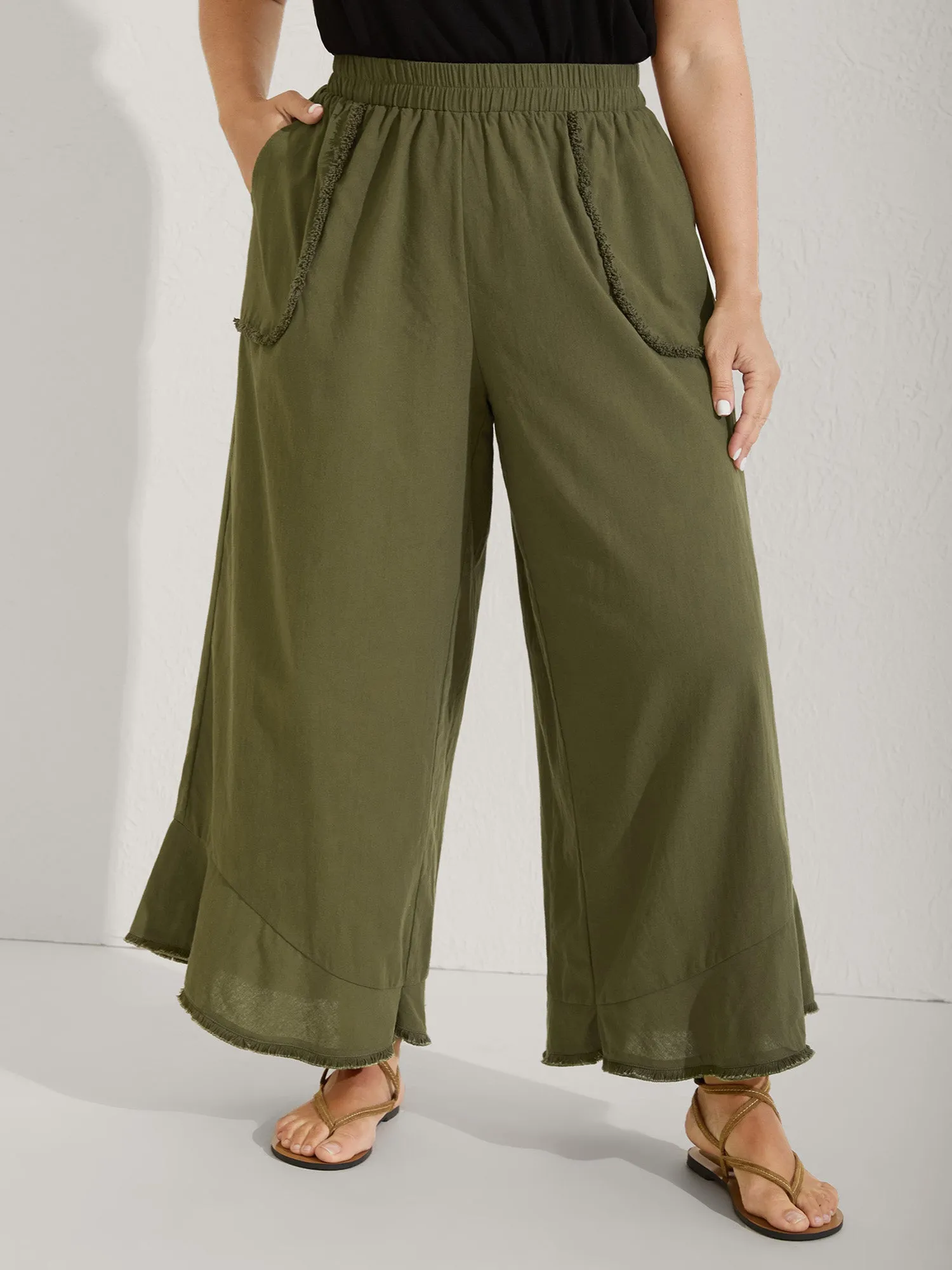 Stretchy Waist Frayed Hem Wide-Leg Pants sold by Bloomchic