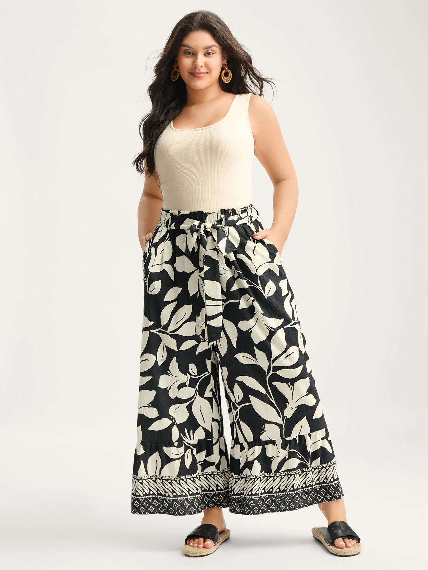 Leafy Ruffled Hem Belted Wide-Leg Pants sold by Bloomchic product image thumbnail 2