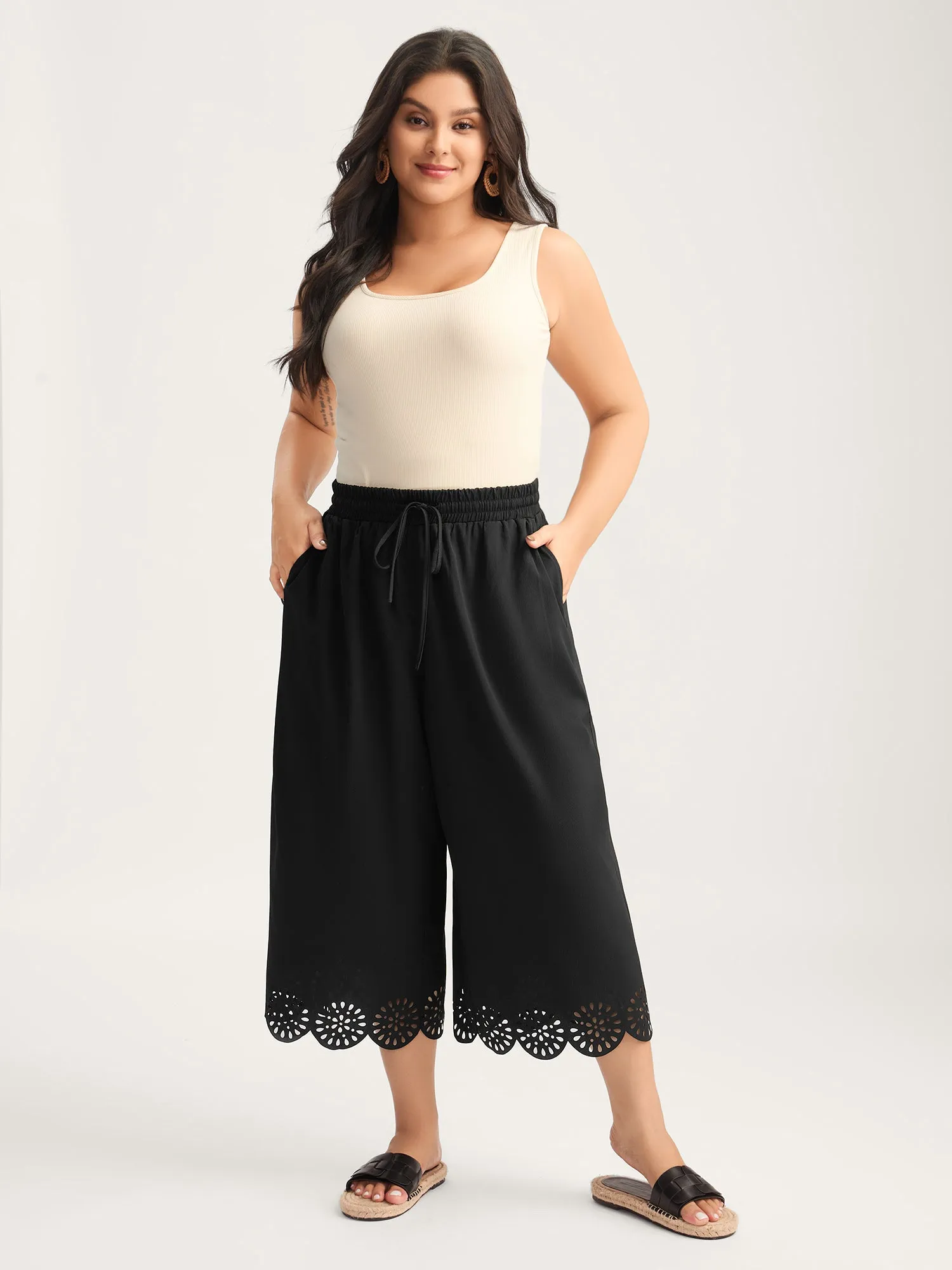 Scalloped Hem Laser Cut Wide-Leg Pants sold by Bloomchic product image thumbnail 3