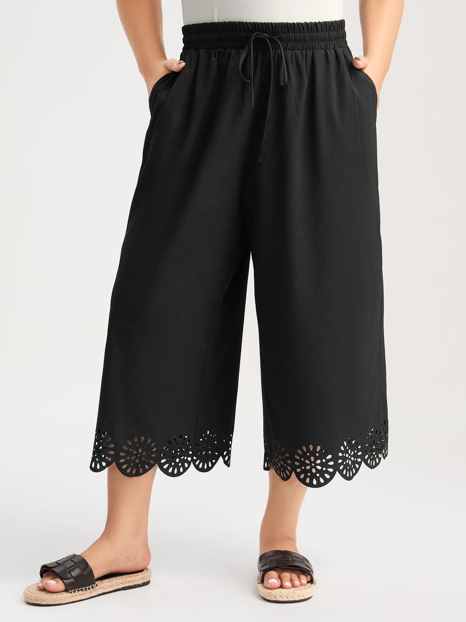 Scalloped Hem Laser Cut Wide-Leg Pants sold by Bloomchic
