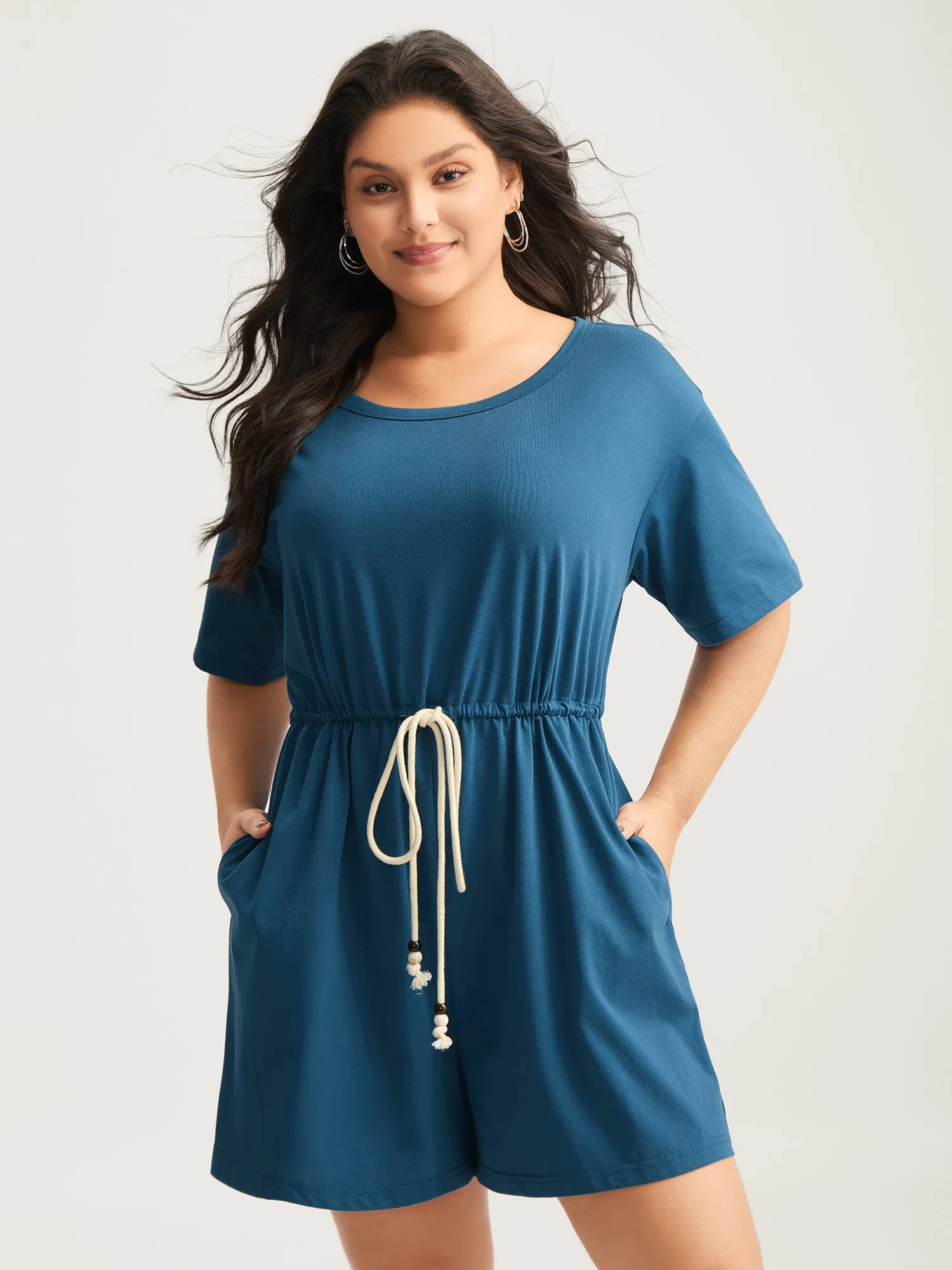 Solid Knit Waist Drawstring Romper sold by Bloomchic