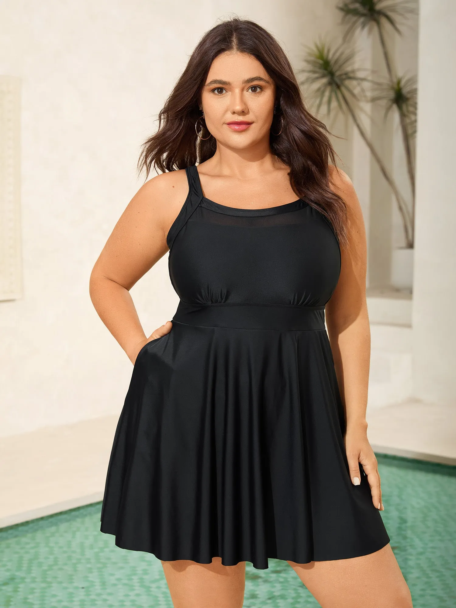 Sheer Round Neck Pockets Swim Dress sold by Bloomchic