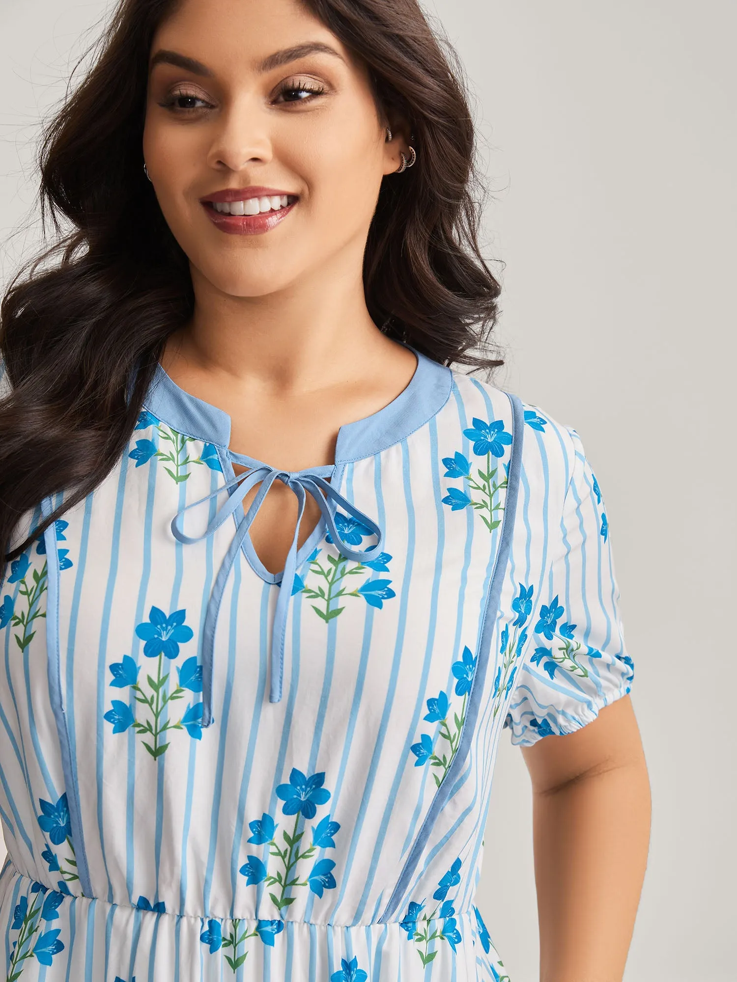 Stripe Floral Notched Neck Tie Midi Dress sold by Bloomchic product image thumbnail 2