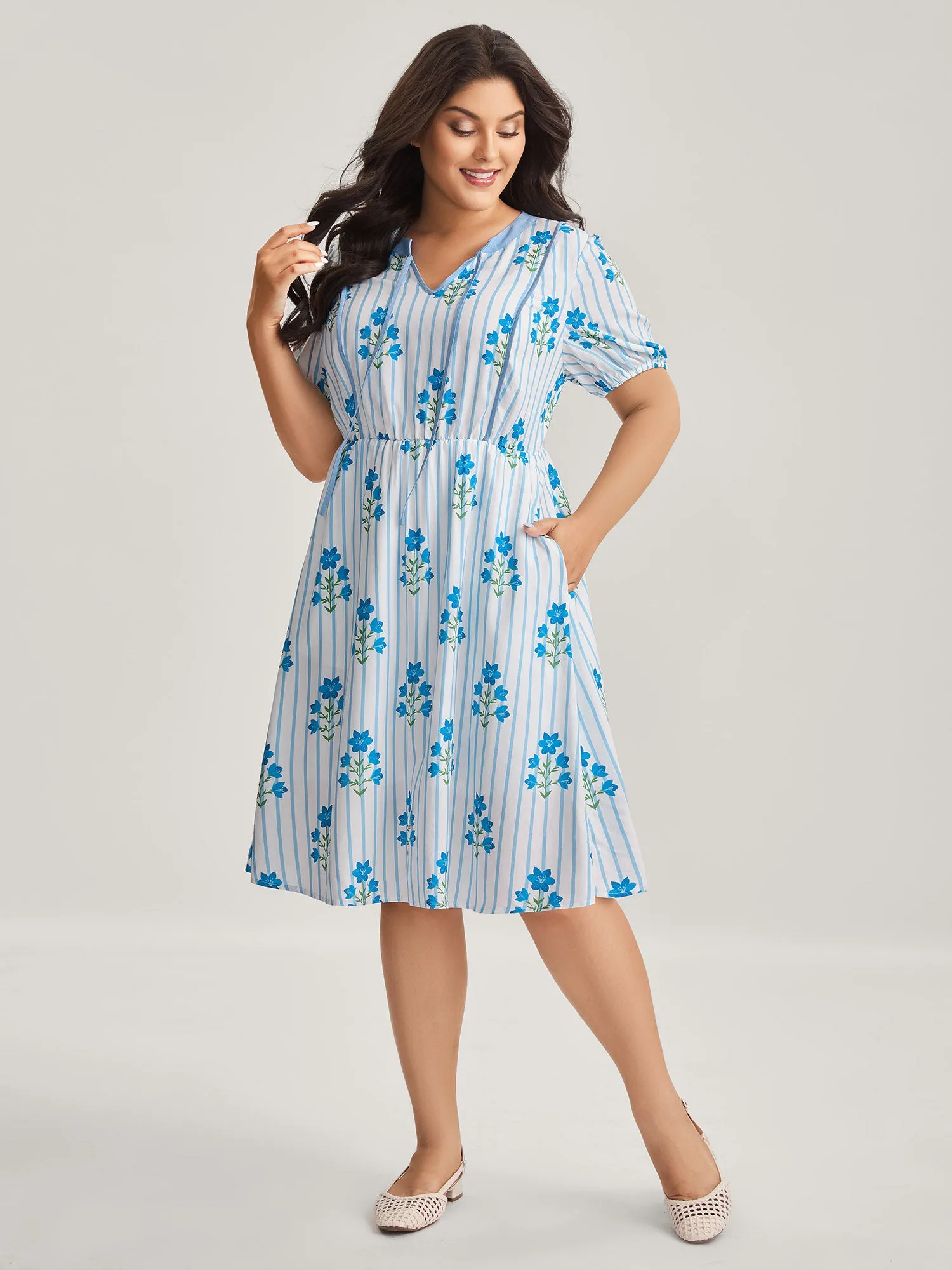 Stripe Floral Notched Neck Tie Midi Dress sold by Bloomchic product image thumbnail 3