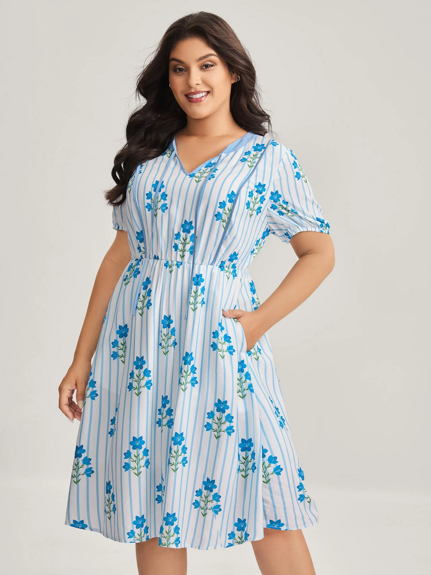 Stripe Floral Notched Neck Tie Midi Dress sold by Bloomchic