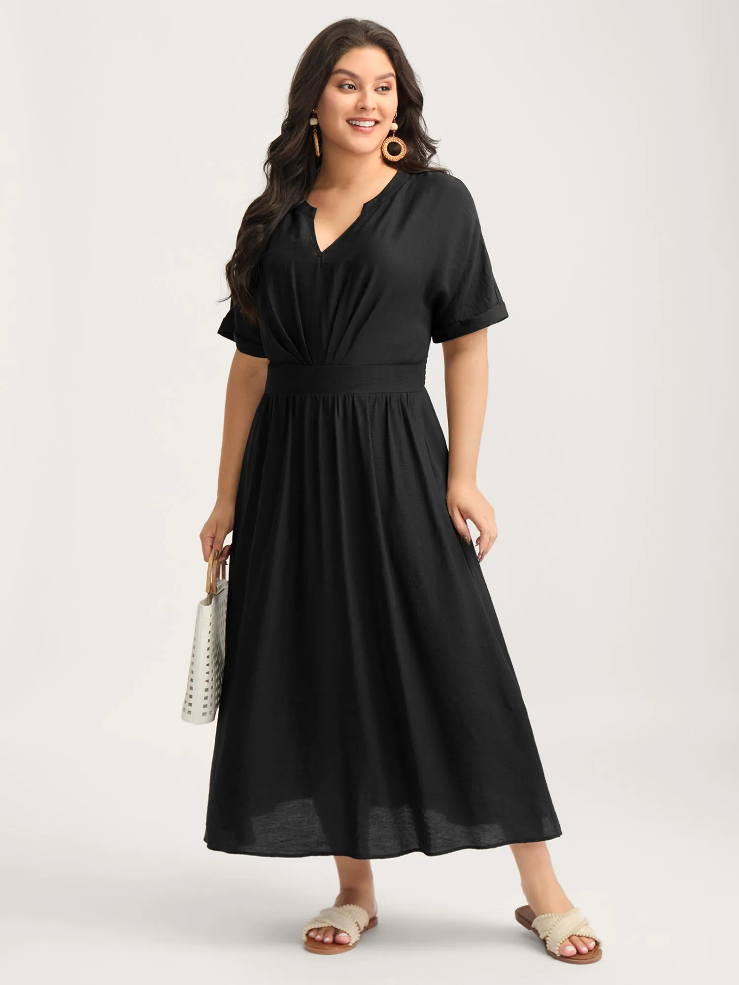 Pleated Cinched Waist Solid Midi Dress sold by Bloomchic product image thumbnail 3