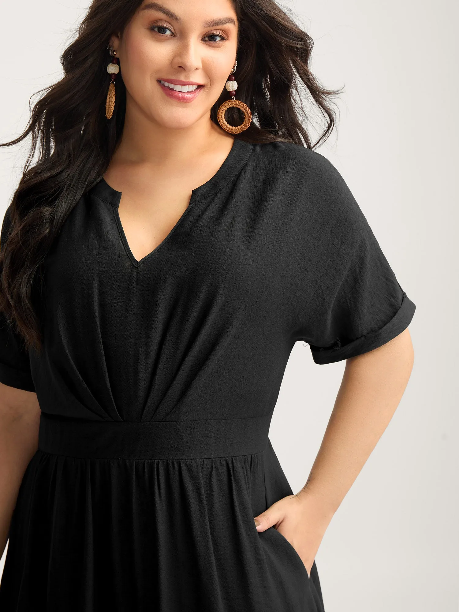 Pleated Cinched Waist Solid Midi Dress sold by Bloomchic product image thumbnail 2