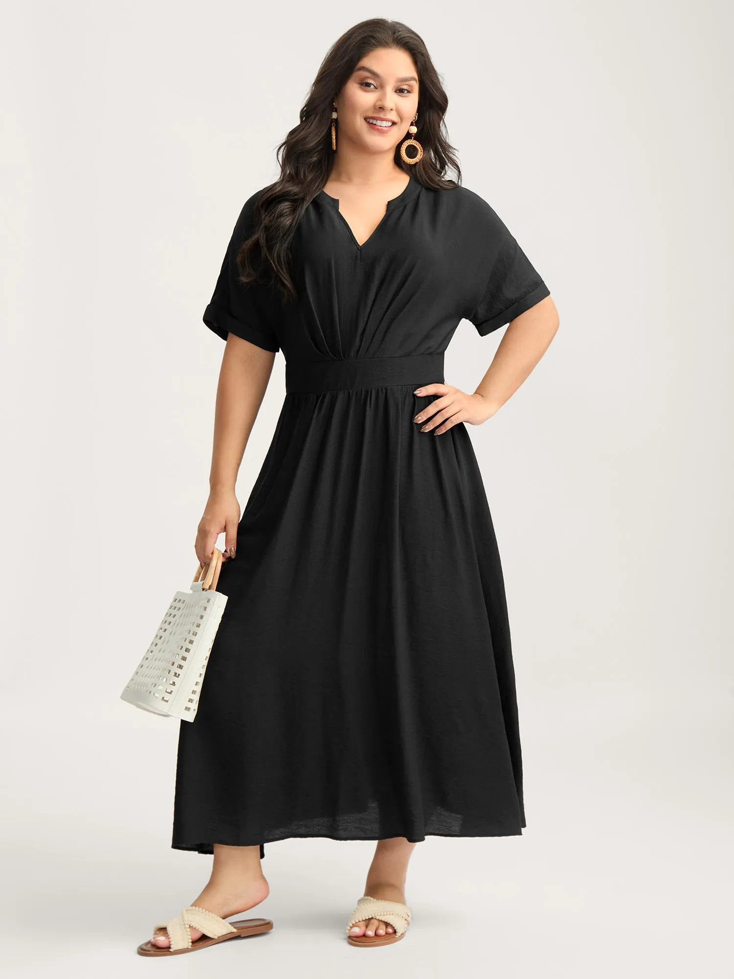 Pleated Cinched Waist Solid Midi Dress sold by Bloomchic