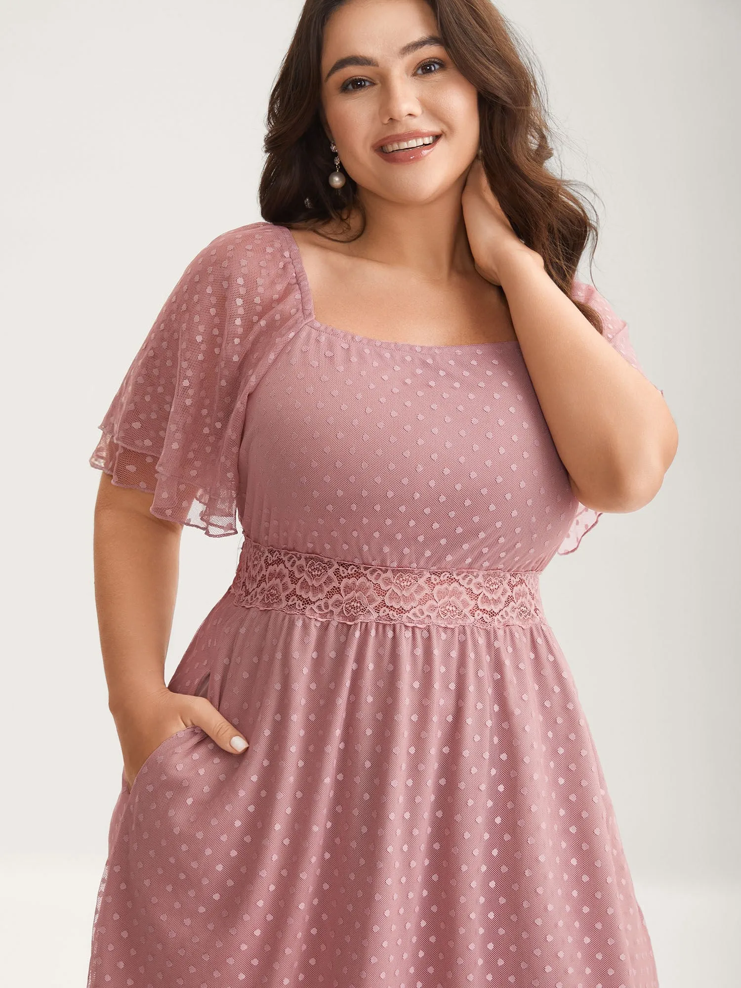 Textured Dot Lace Trim Midi Dress sold by Bloomchic