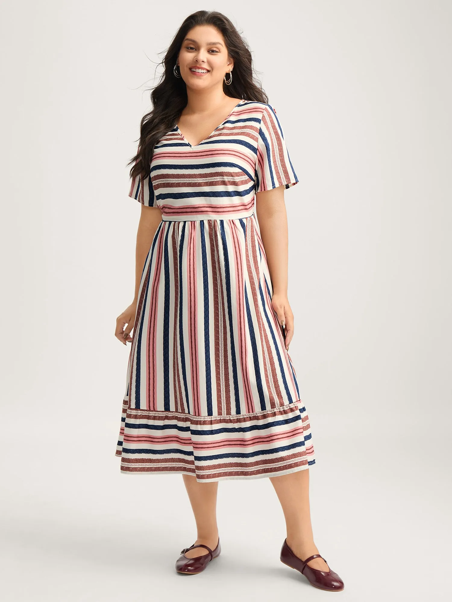 Asymmetrical Stripes V-Neck Tiered Midi Dress sold by Bloomchic product image thumbnail 3