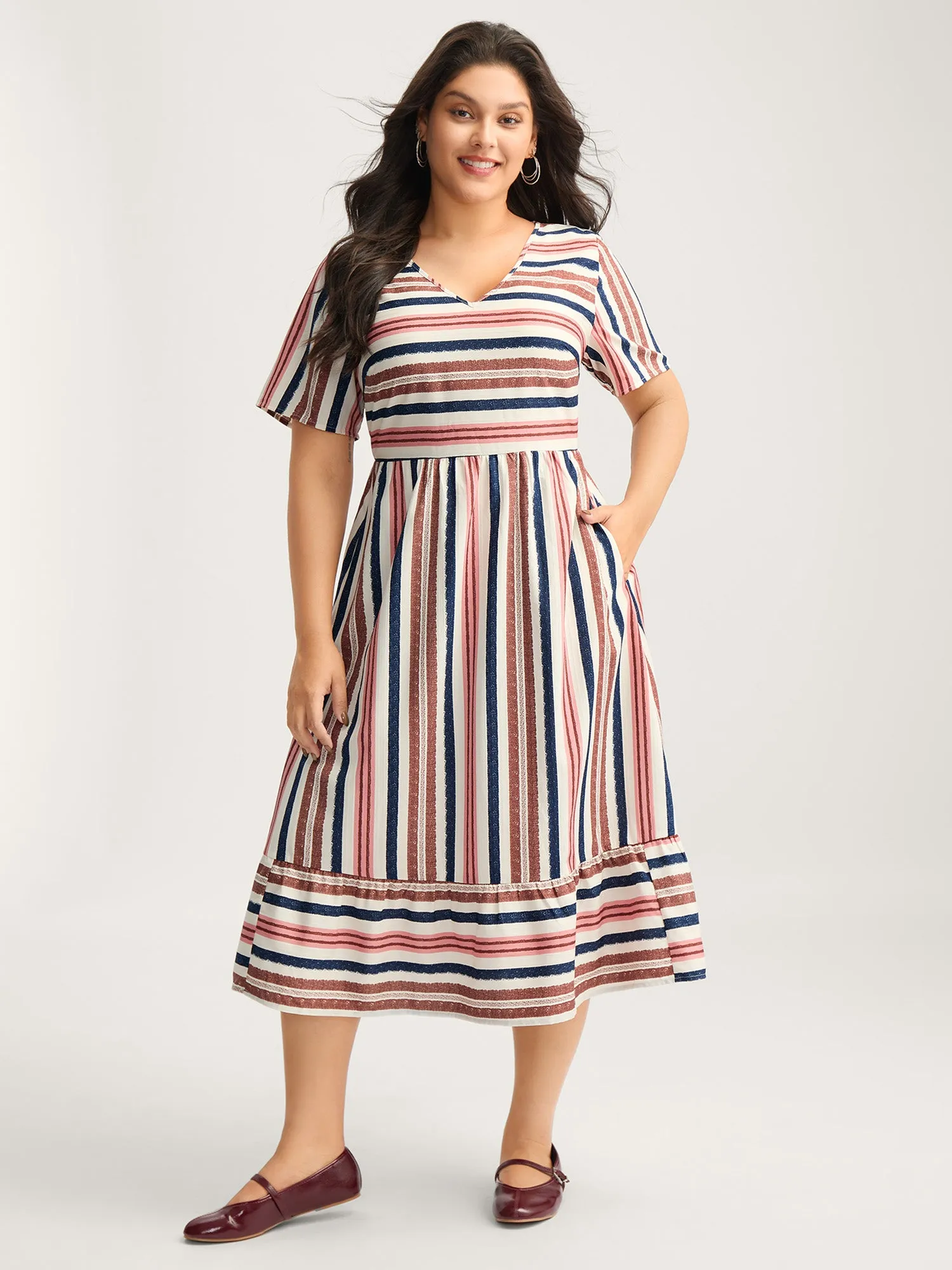 Asymmetrical Stripes V-Neck Tiered Midi Dress sold by Bloomchic