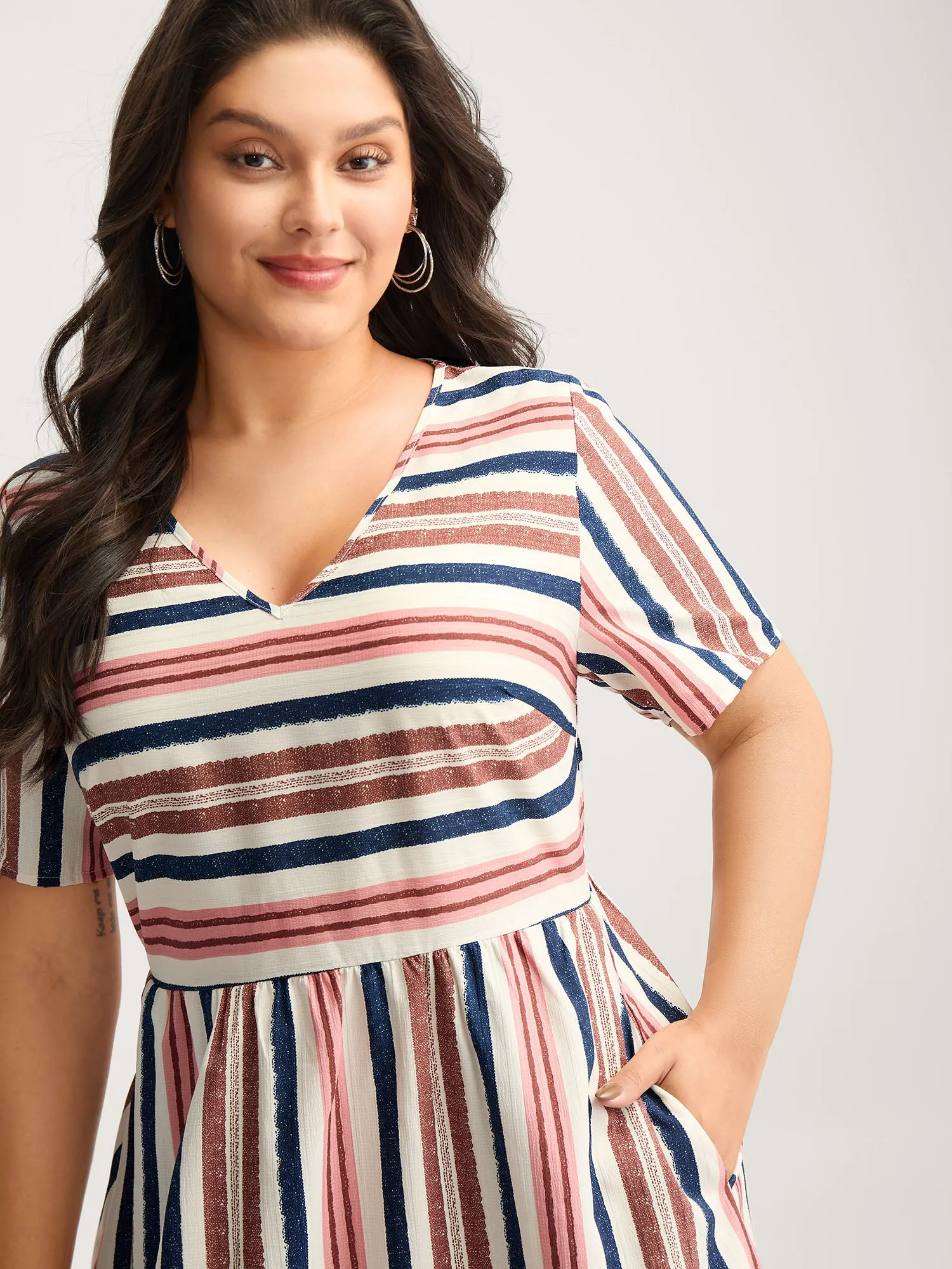 Asymmetrical Stripes V-Neck Tiered Midi Dress sold by Bloomchic product image thumbnail 2