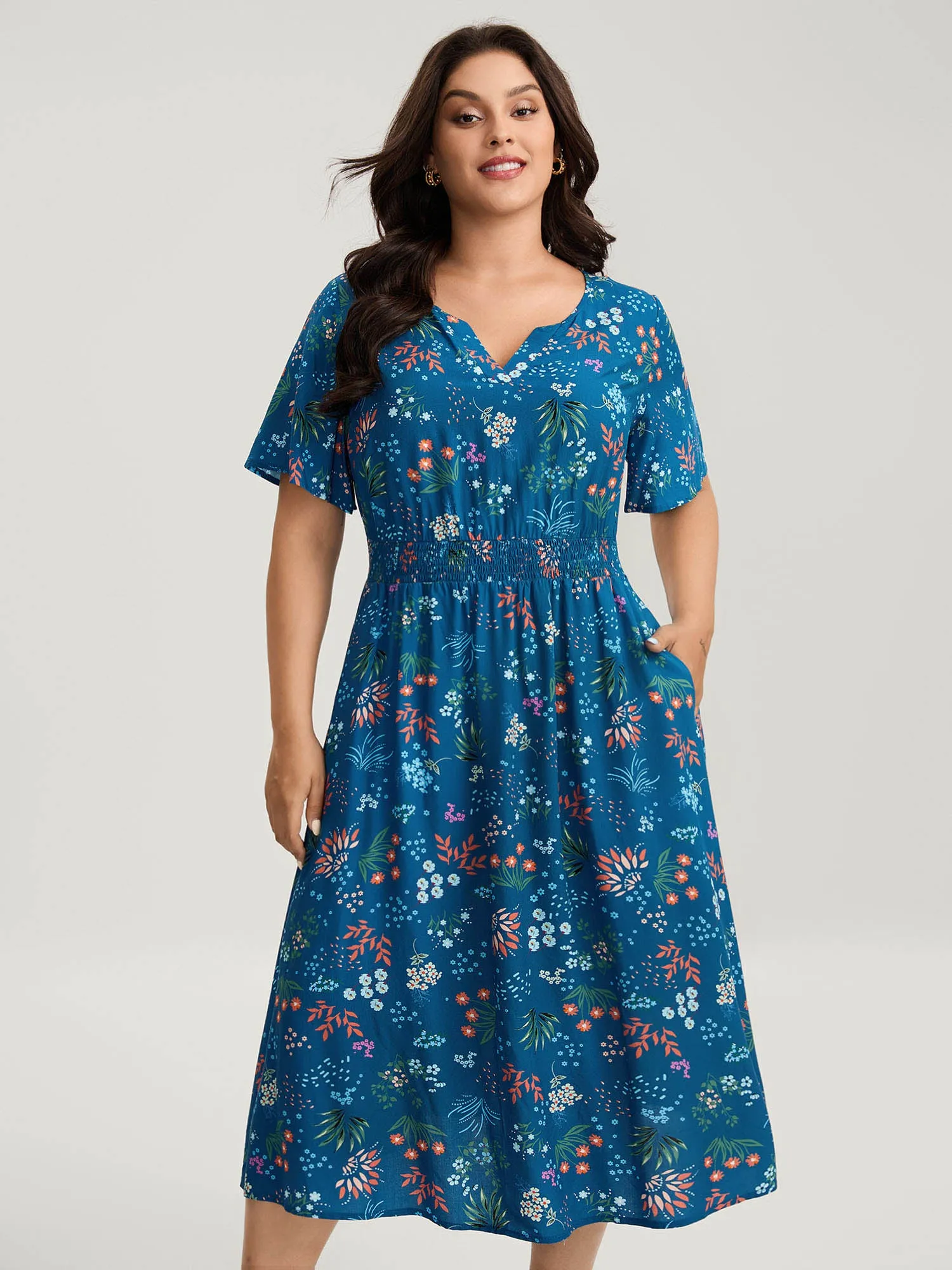 Rayon Playful Floral Shirred Midi Dress sold by Bloomchic