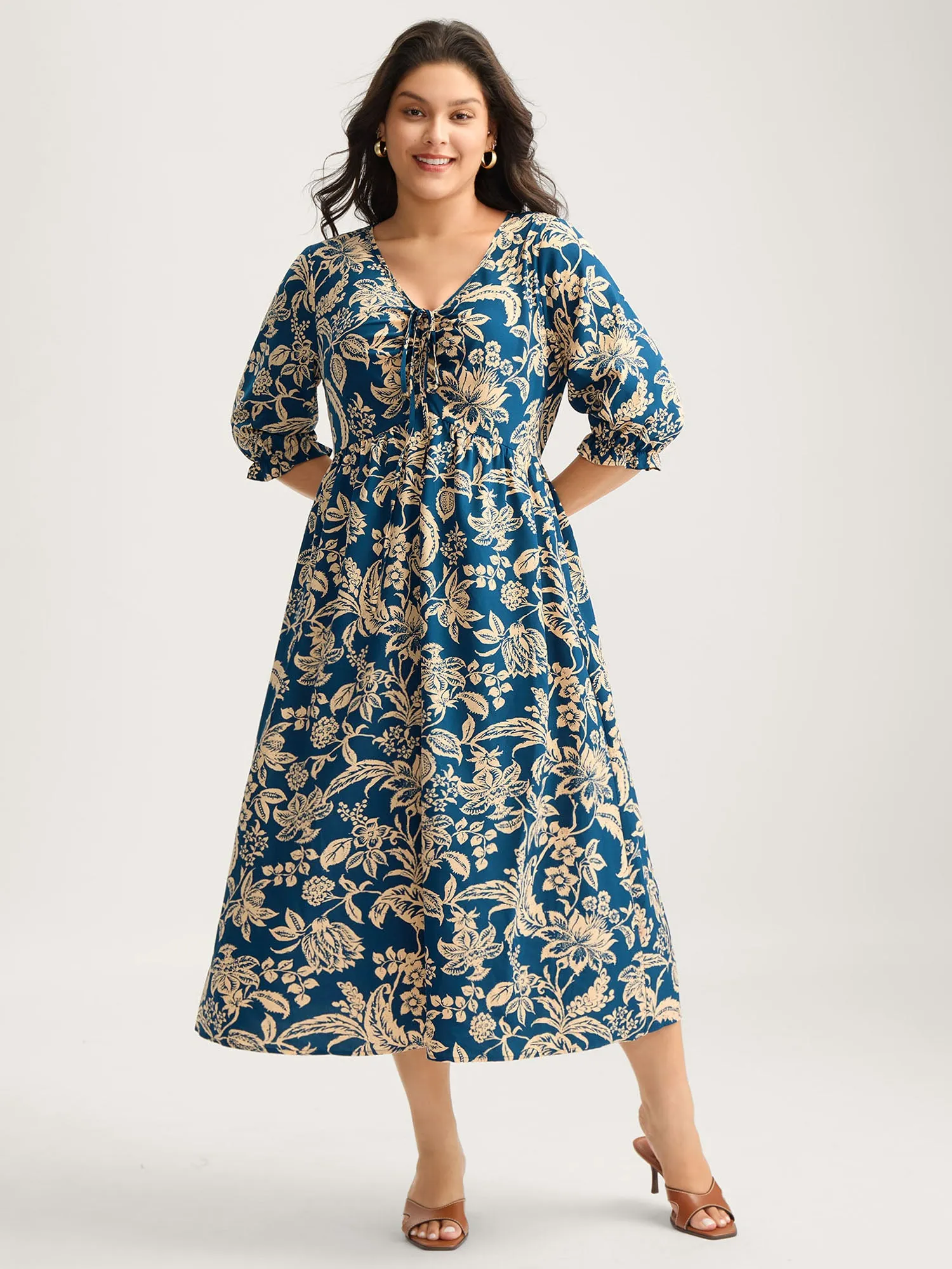 Boho Floral Drawstring Pockets Midi Dress sold by Bloomchic