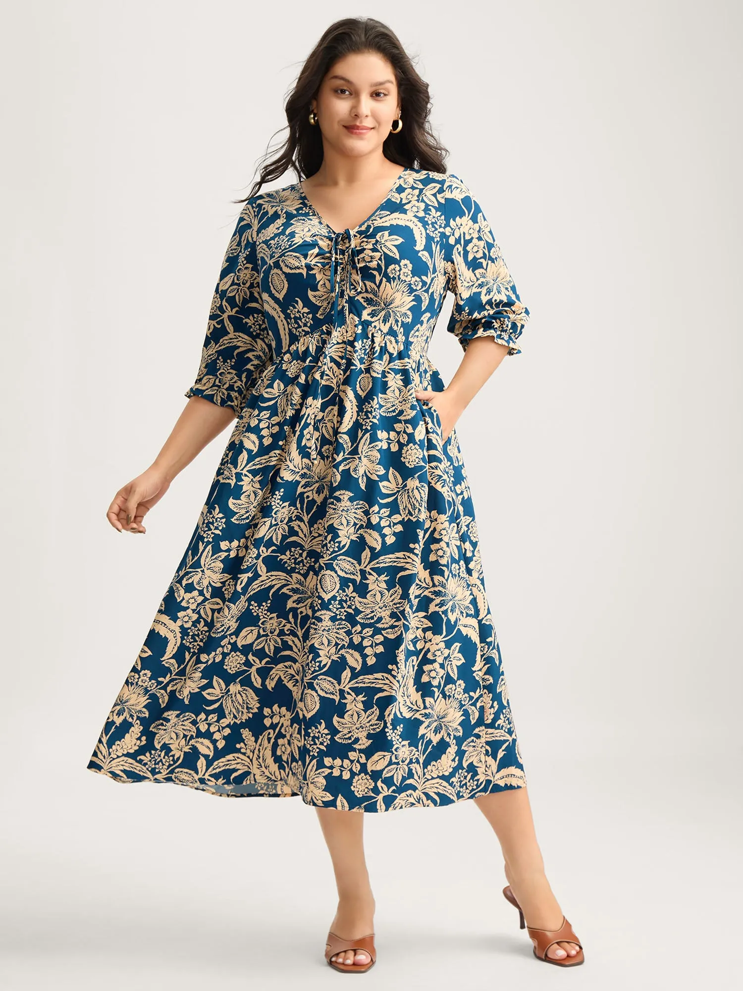 Boho Floral Drawstring Pockets Midi Dress sold by Bloomchic product image thumbnail 3