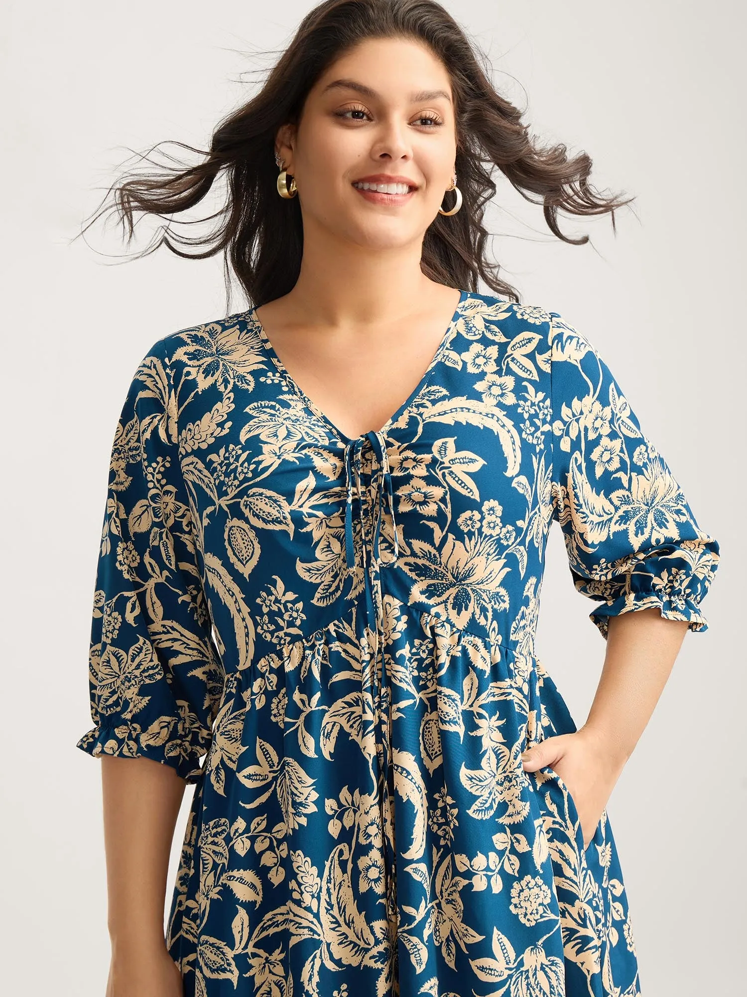 Boho Floral Drawstring Pockets Midi Dress sold by Bloomchic product image thumbnail 2