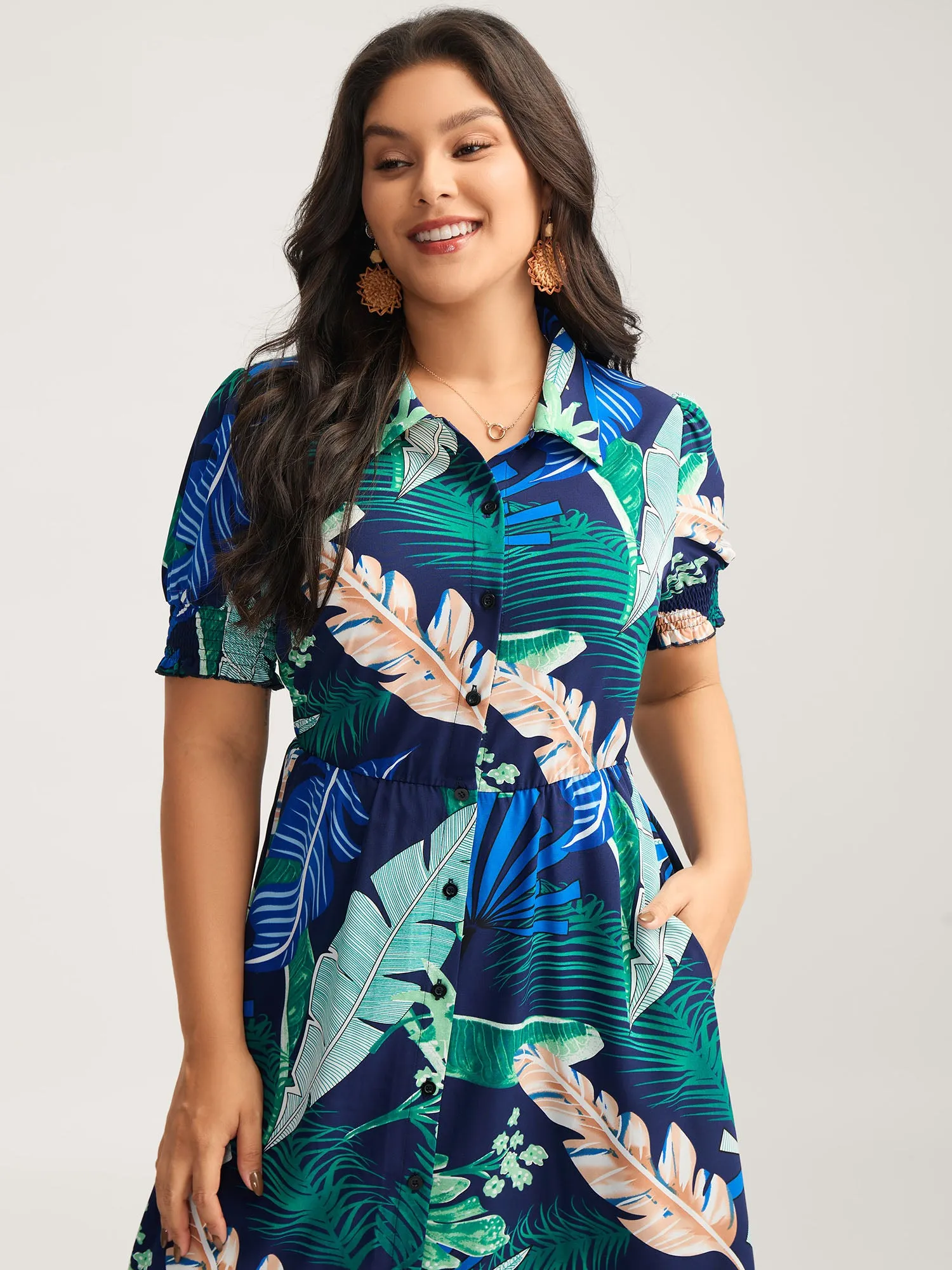 Tropical Print Stretchy Waist Pockets Midi Dress sold by Bloomchic product image thumbnail 2