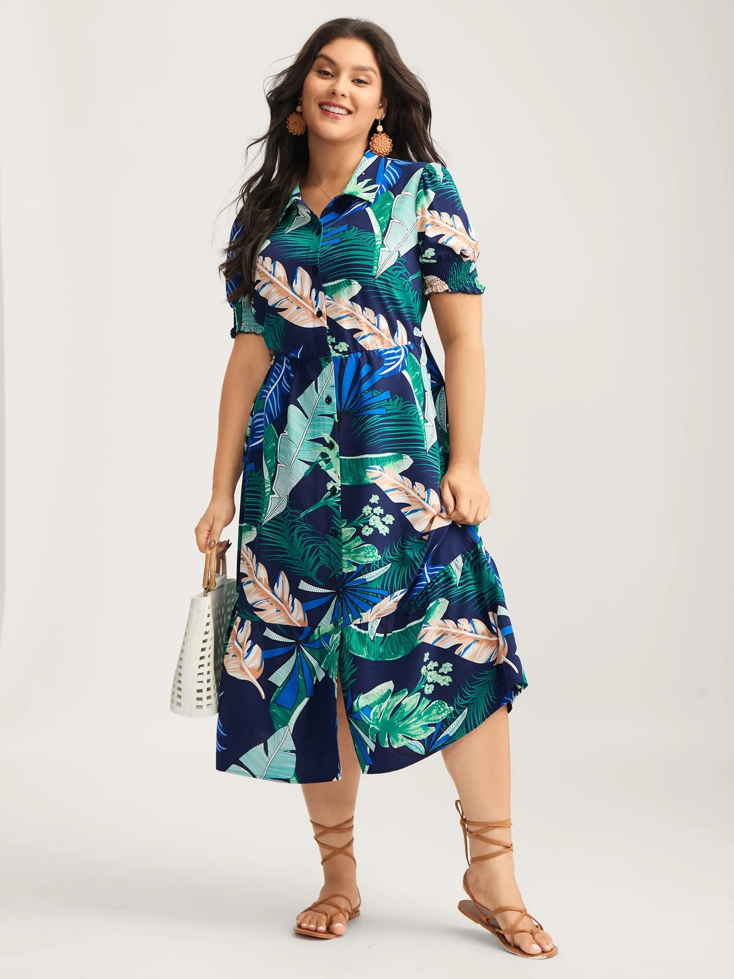 Tropical Print Stretchy Waist Pockets Midi Dress sold by Bloomchic