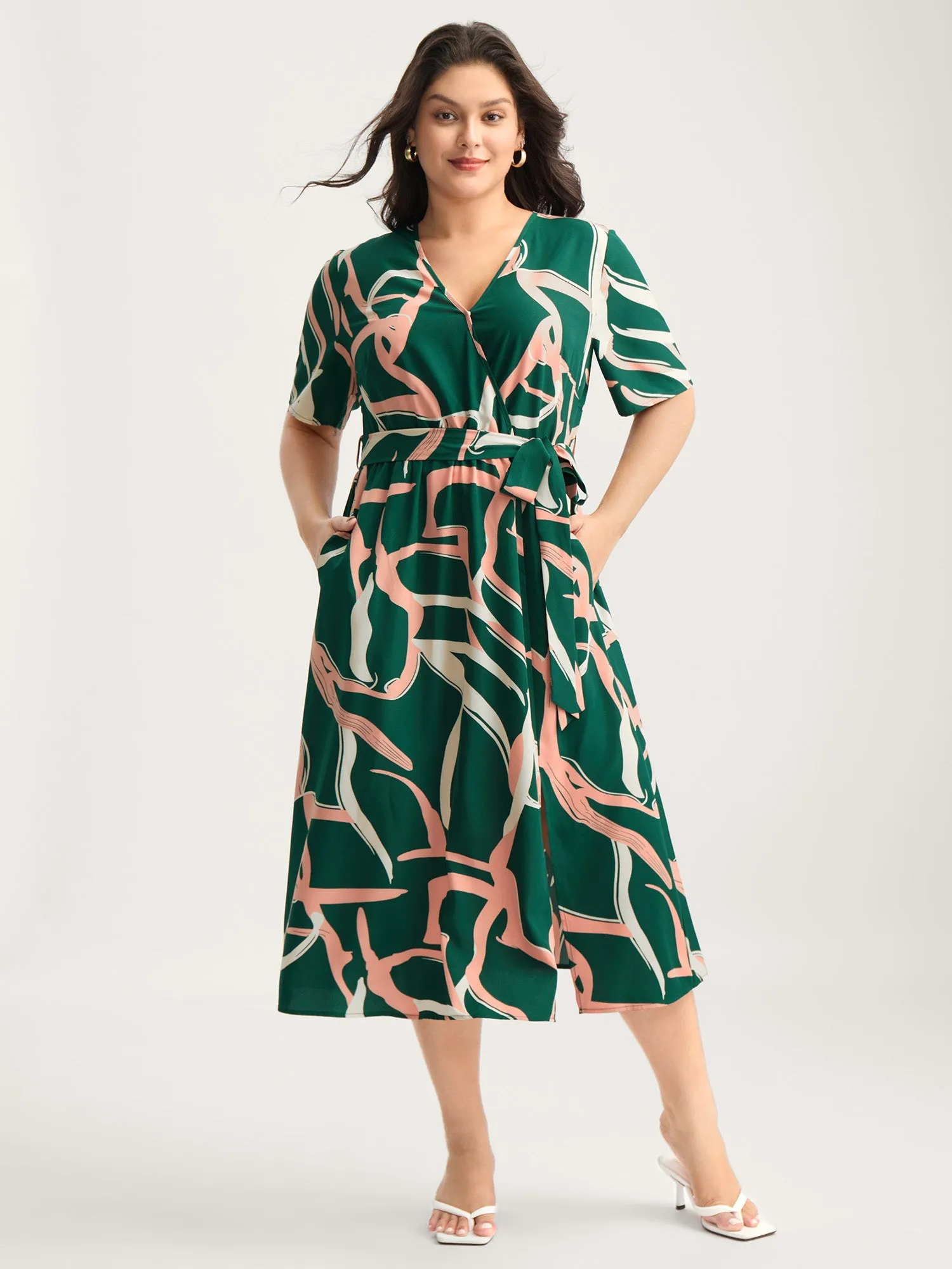 Abstract Belted Side Slit Surplice Midi Dress sold by Bloomchic product image thumbnail 3