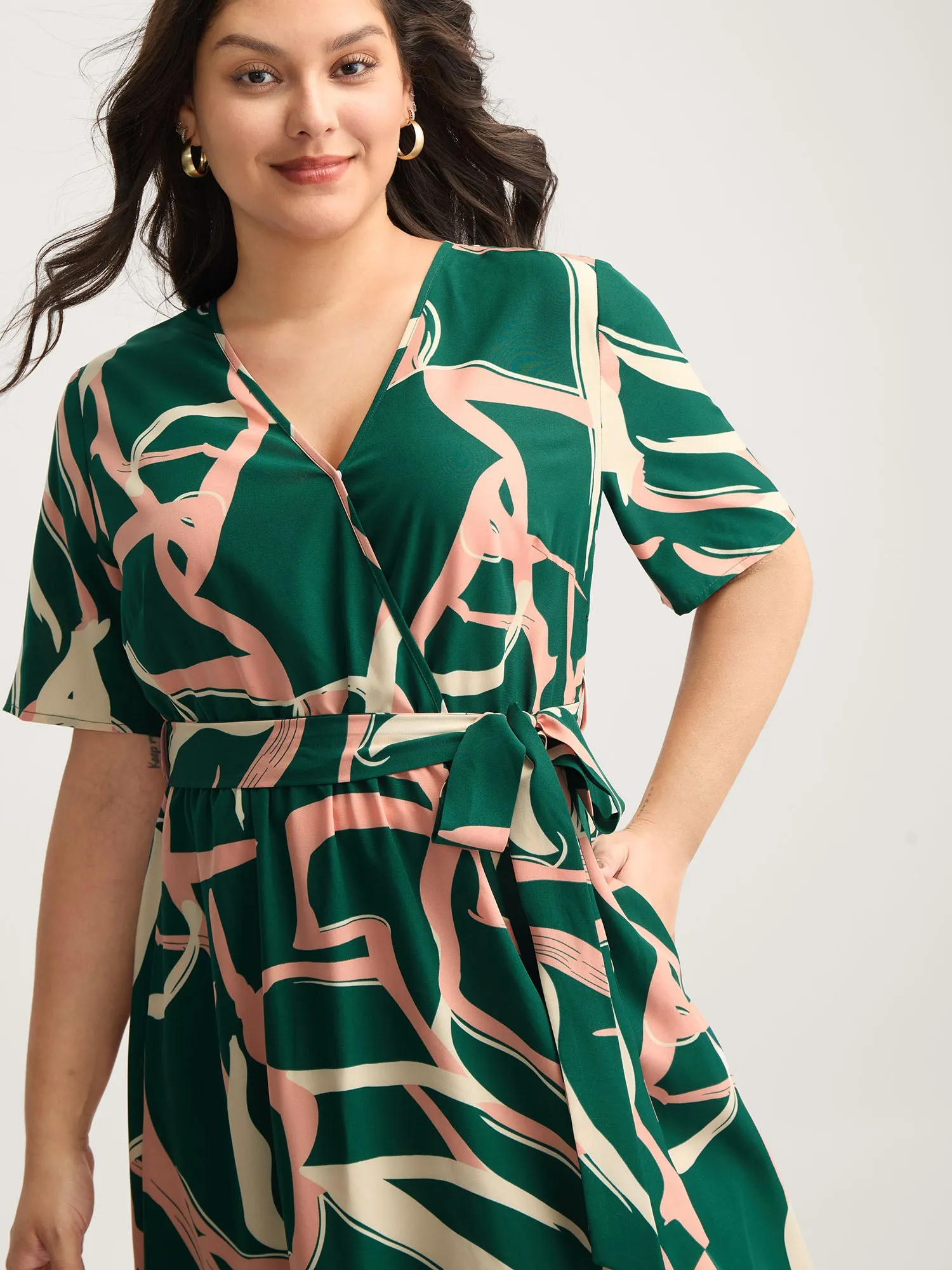 Abstract Belted Side Slit Surplice Midi Dress sold by Bloomchic product image thumbnail 2