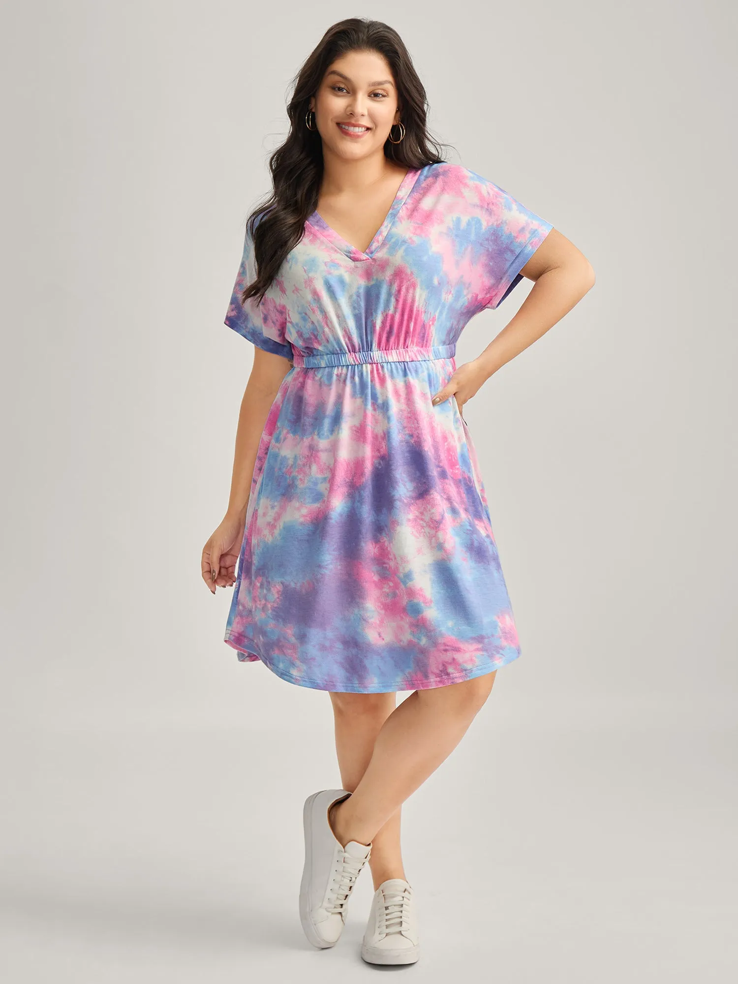 Tie-Dye Curvy Hem V-Neck Midi Dress sold by Bloomchic