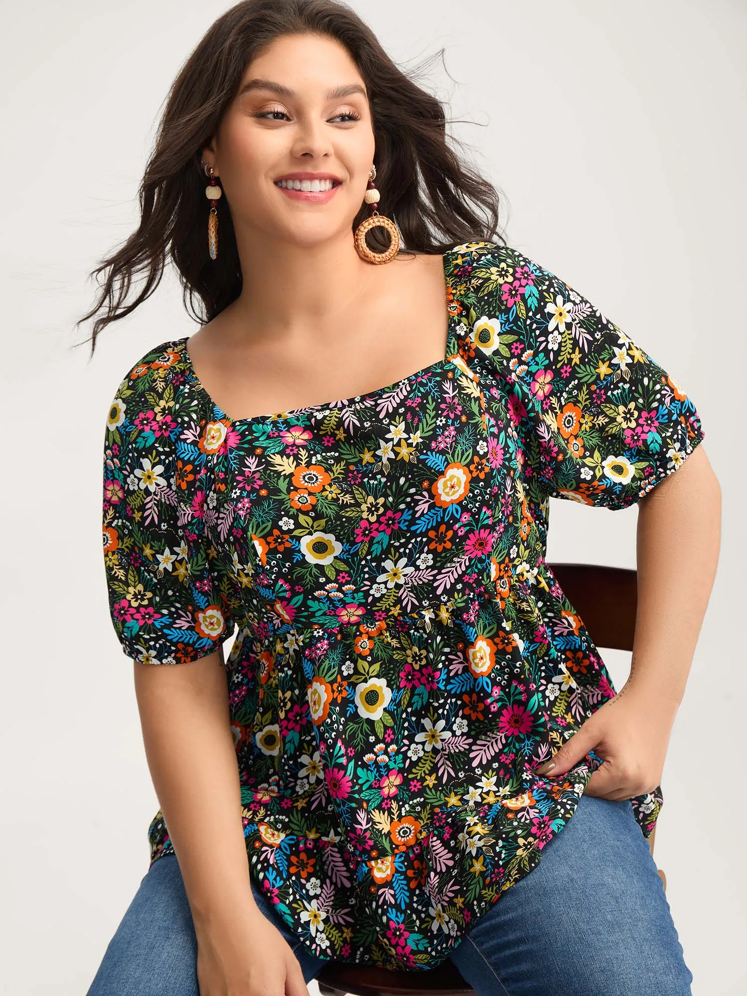 Floral Square Neck Fit and Flare Blouse sold by Bloomchic