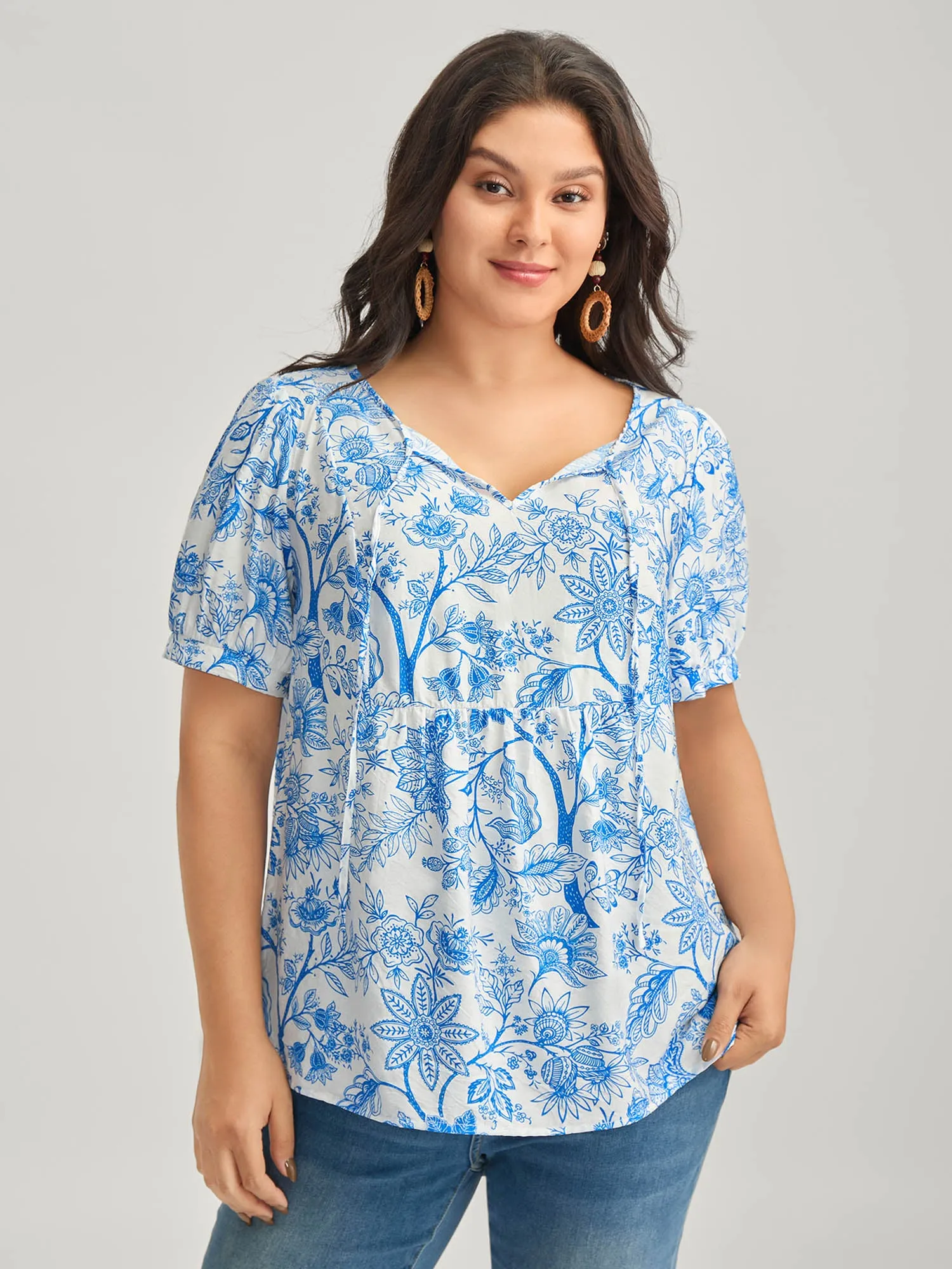 Silhouette Flower Print Neck Tie Blouse sold by Bloomchic