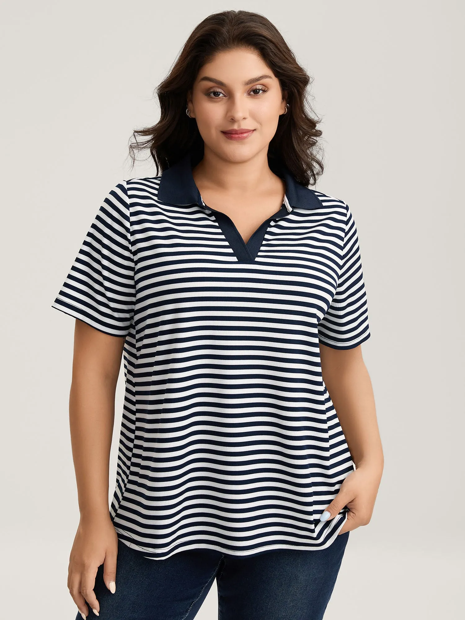 Polo Collar Stripes Contrast T-Shirt sold by Bloomchic product image thumbnail 2