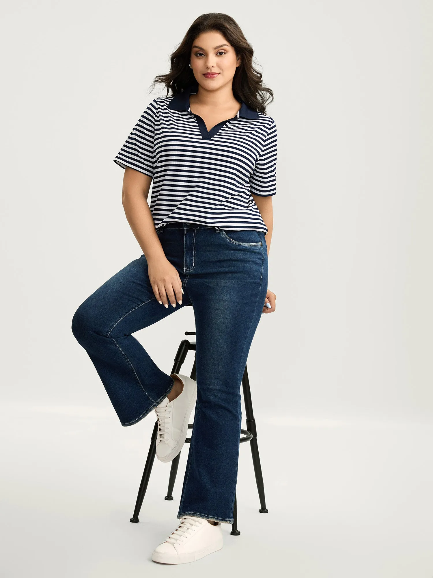 Polo Collar Stripes Contrast T-Shirt sold by Bloomchic product image thumbnail 3