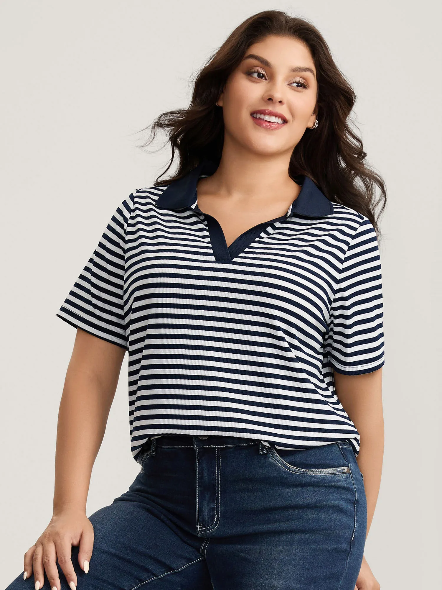 Polo Collar Stripes Contrast T-Shirt sold by Bloomchic