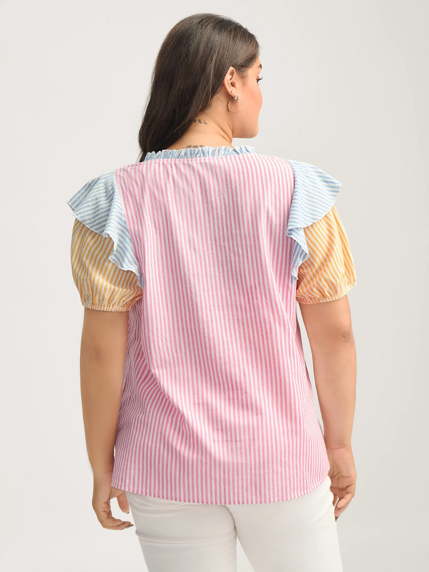 Cotton Colorful Stripes Ruffled Neck Tie Blouse sold by Bloomchic product image thumbnail 4