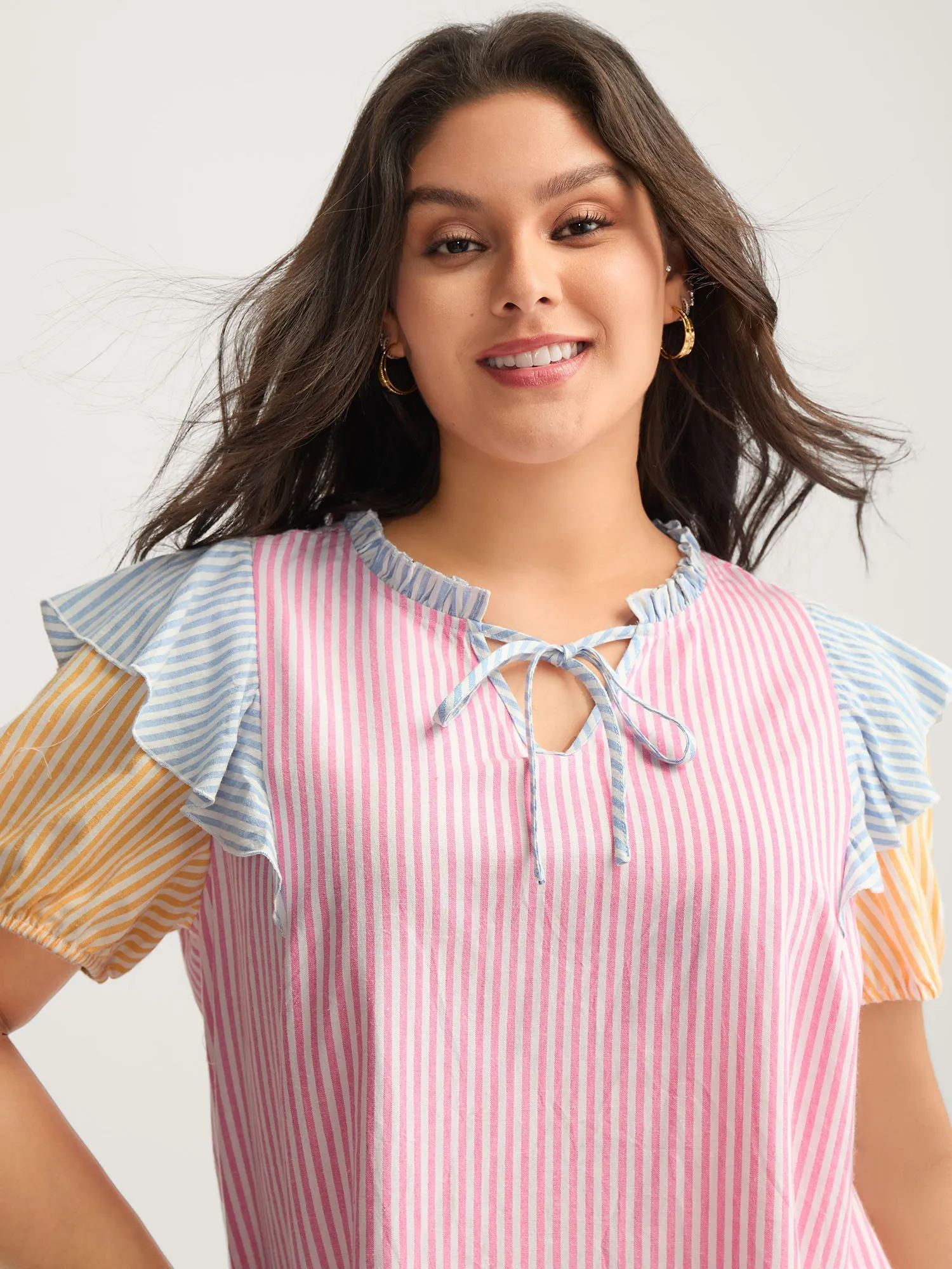 Cotton Colorful Stripes Ruffled Neck Tie Blouse sold by Bloomchic product image thumbnail 2