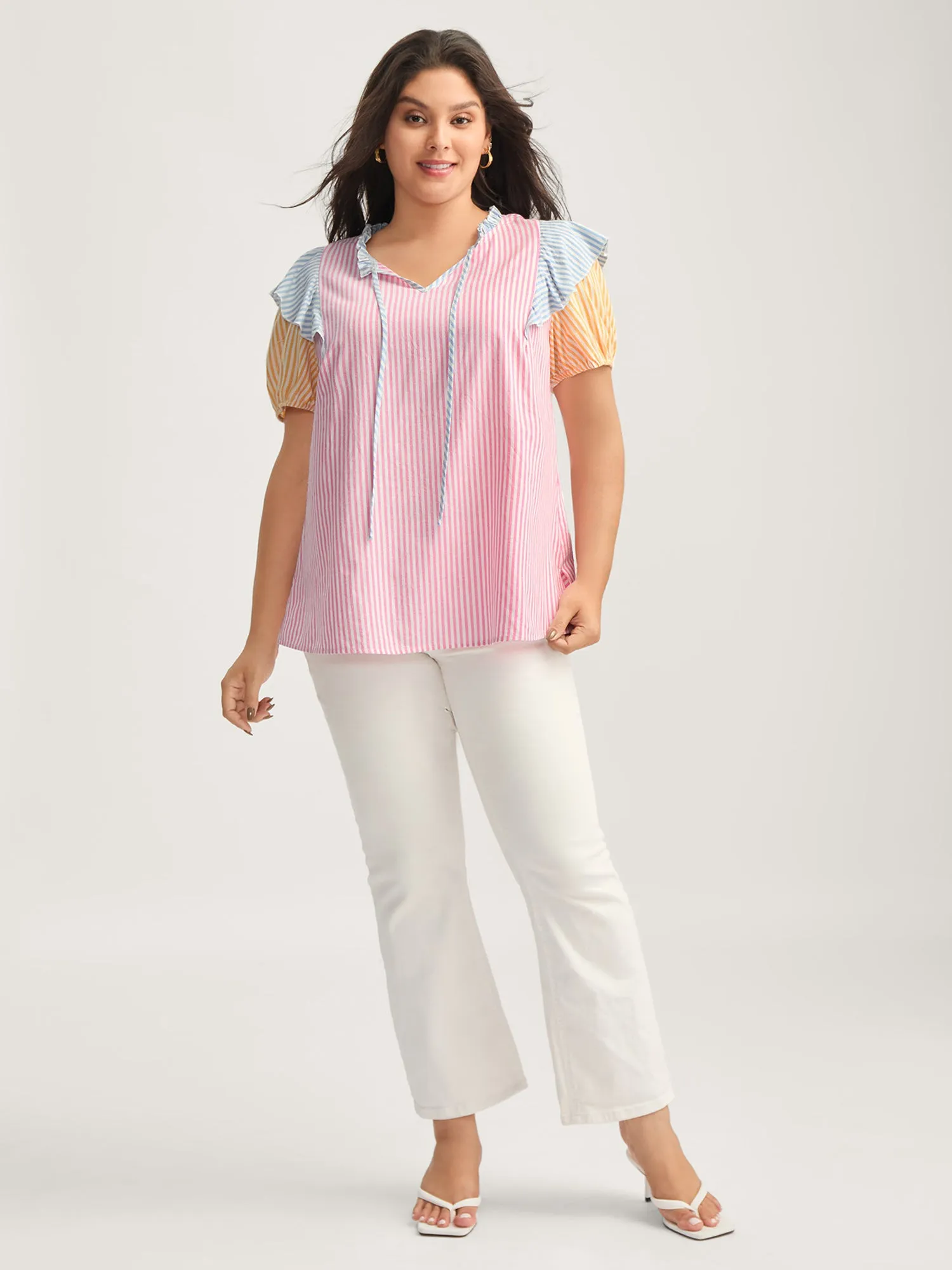 Cotton Colorful Stripes Ruffled Neck Tie Blouse sold by Bloomchic product image thumbnail 3