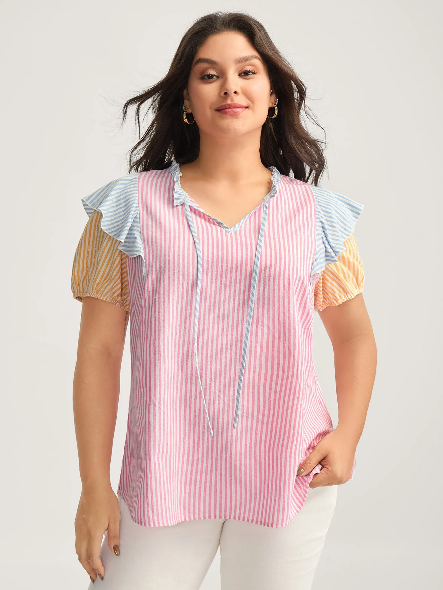 Cotton Colorful Stripes Ruffled Neck Tie Blouse sold by Bloomchic