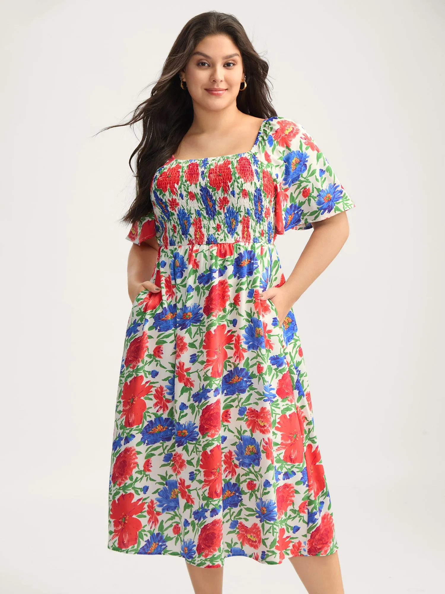 Sunkissed Floral Shirred Pockets Midi Dress sold by Bloomchic