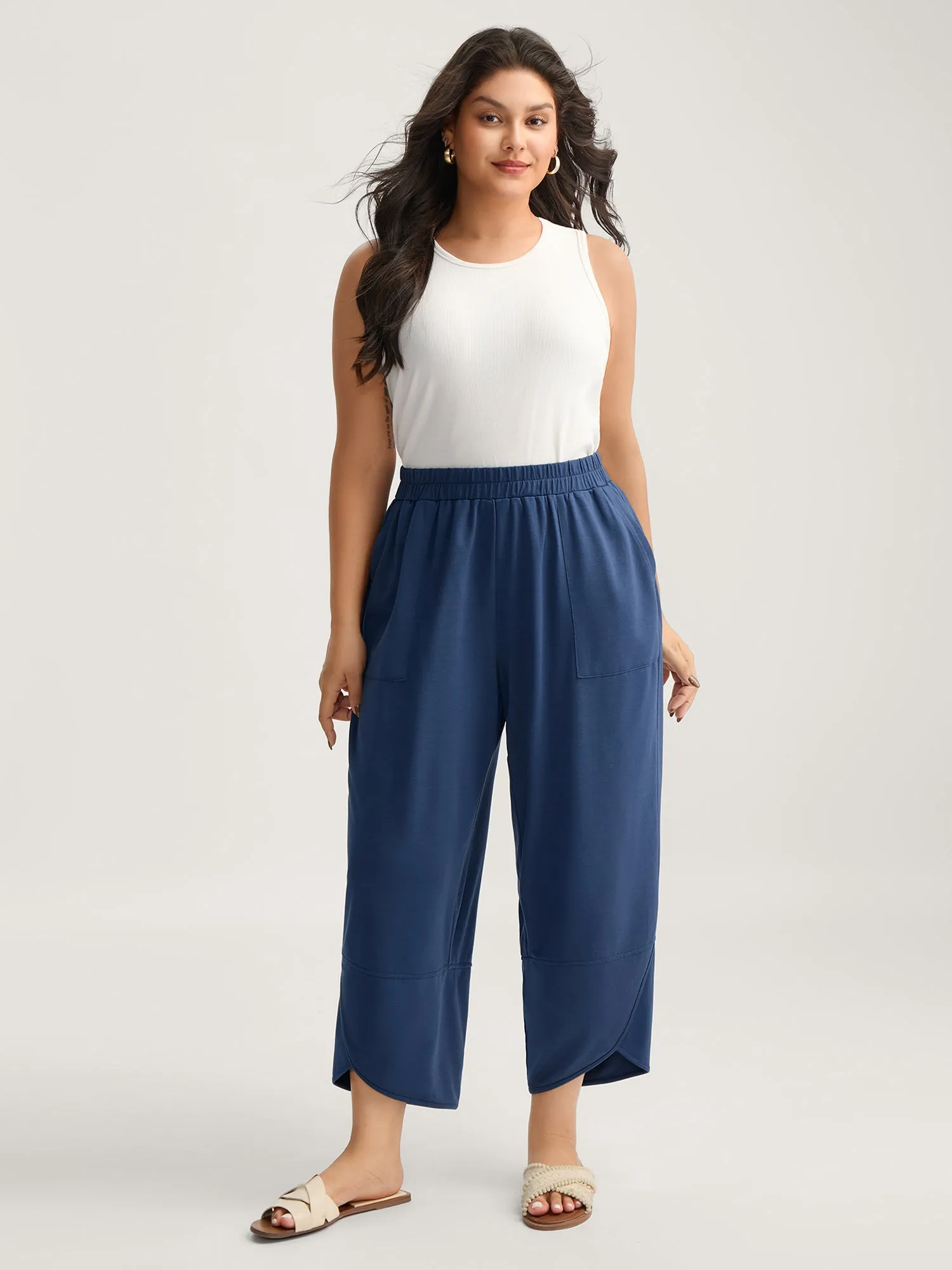 Stretchy Waist Asymmetrical Hem Straight-Leg Pants sold by Bloomchic product image thumbnail 2