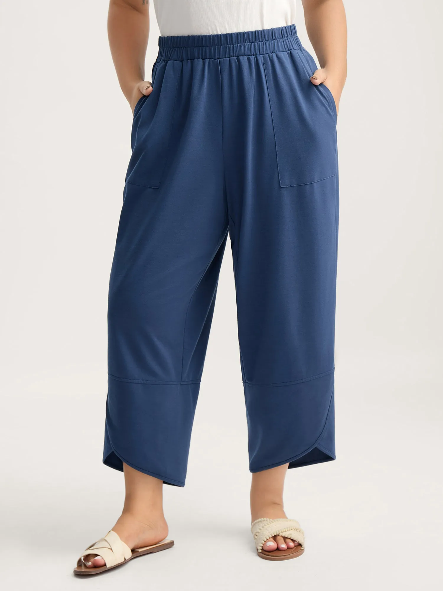 Stretchy Waist Asymmetrical Hem Straight-Leg Pants sold by Bloomchic