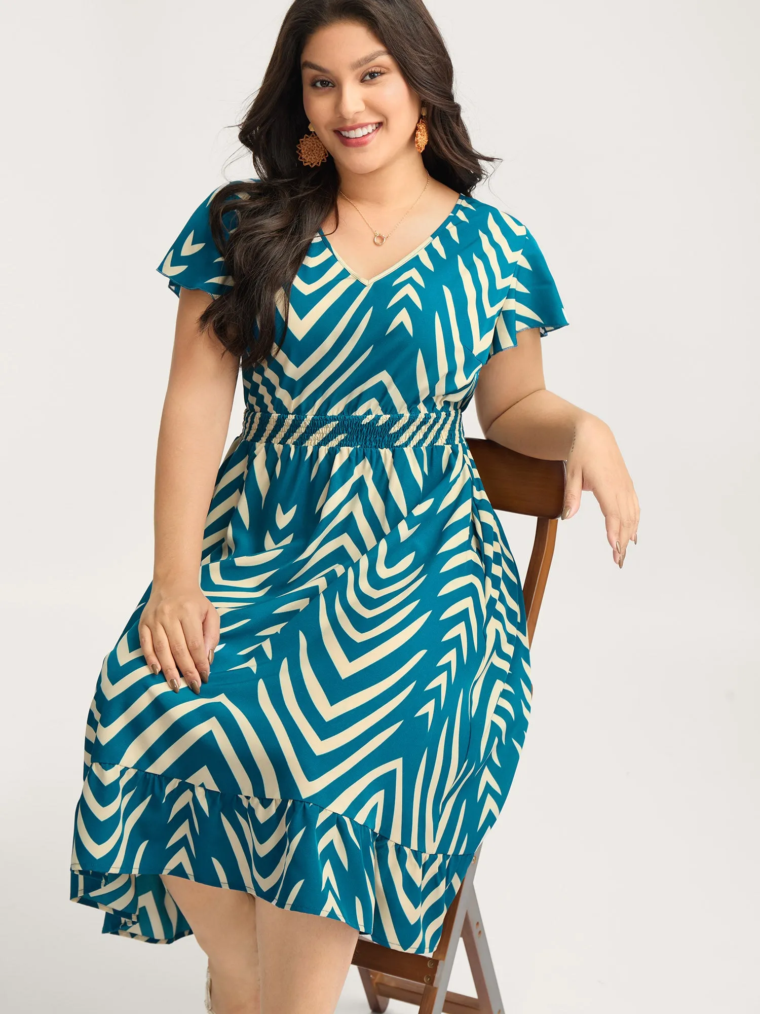 Geometric Print Cinched-Waist Midi Dress sold by Bloomchic