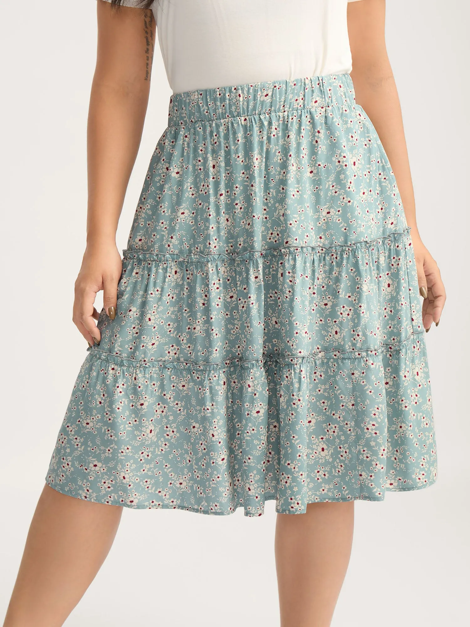 Floral Print Stretchy Waist Tiered Midi Skirt sold by Bloomchic