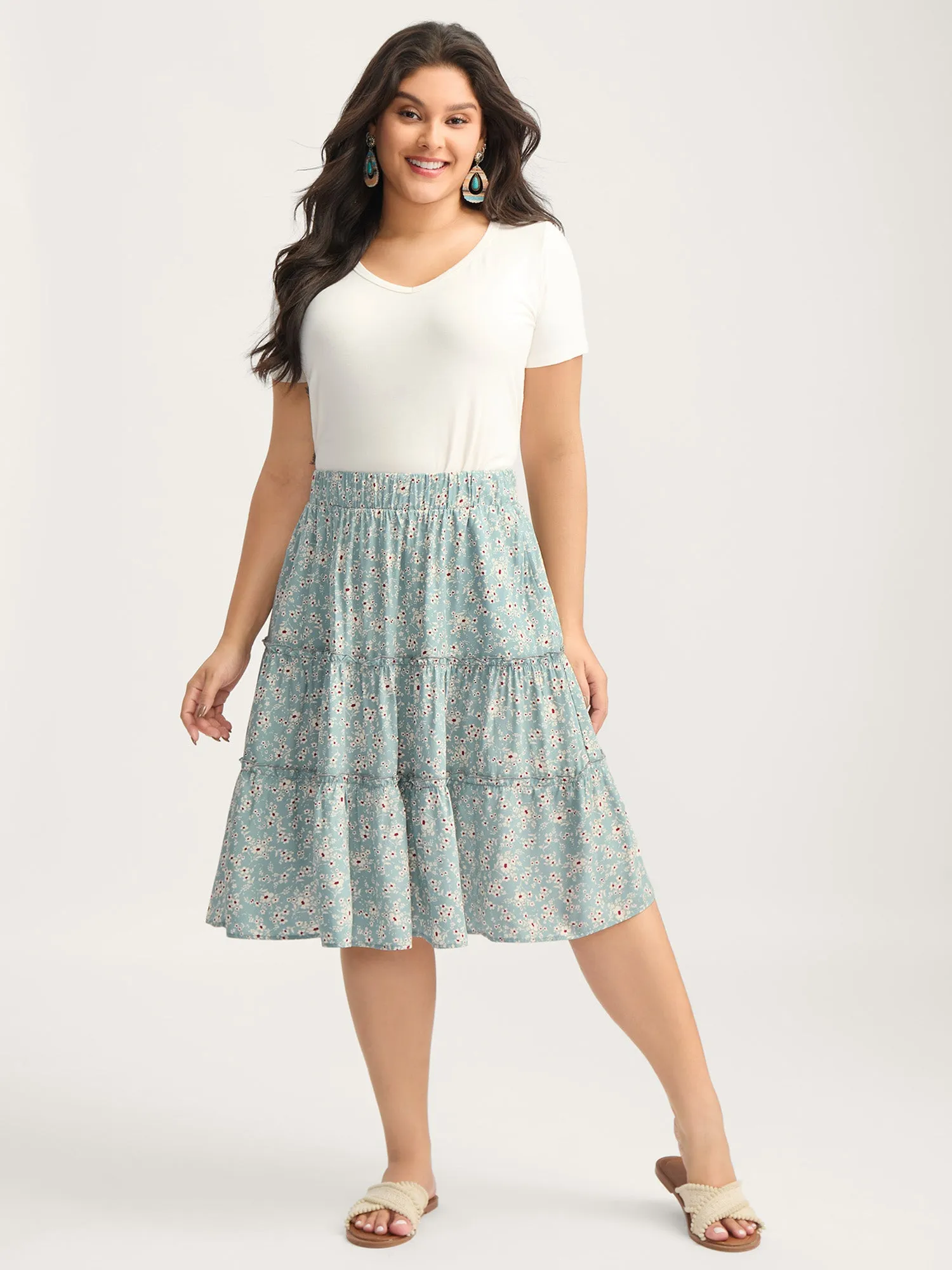 Floral Print Stretchy Waist Tiered Midi Skirt sold by Bloomchic product image thumbnail 4