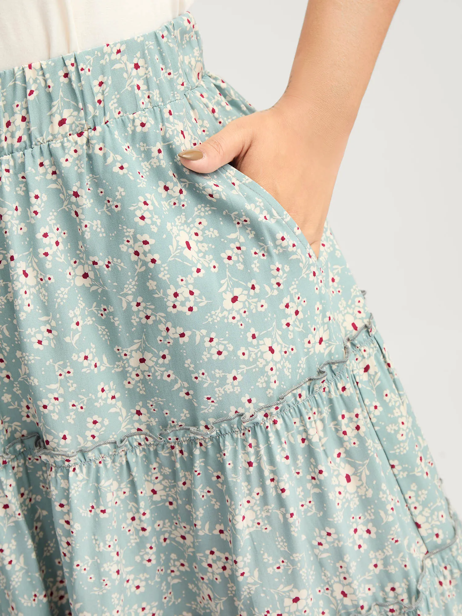 Floral Print Stretchy Waist Tiered Midi Skirt sold by Bloomchic product image thumbnail 2