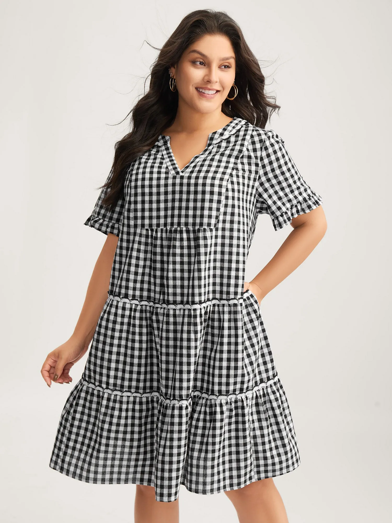 Checkered Lace Trim Tiered Midi Dress sold by Bloomchic