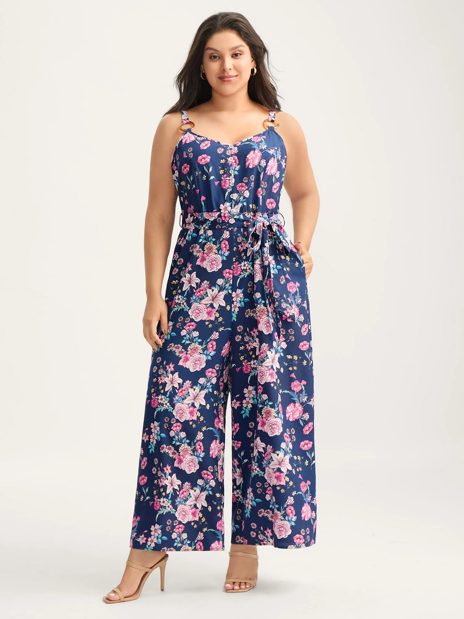 Rosy Print Belted Pockets Jumpsuit sold by Bloomchic