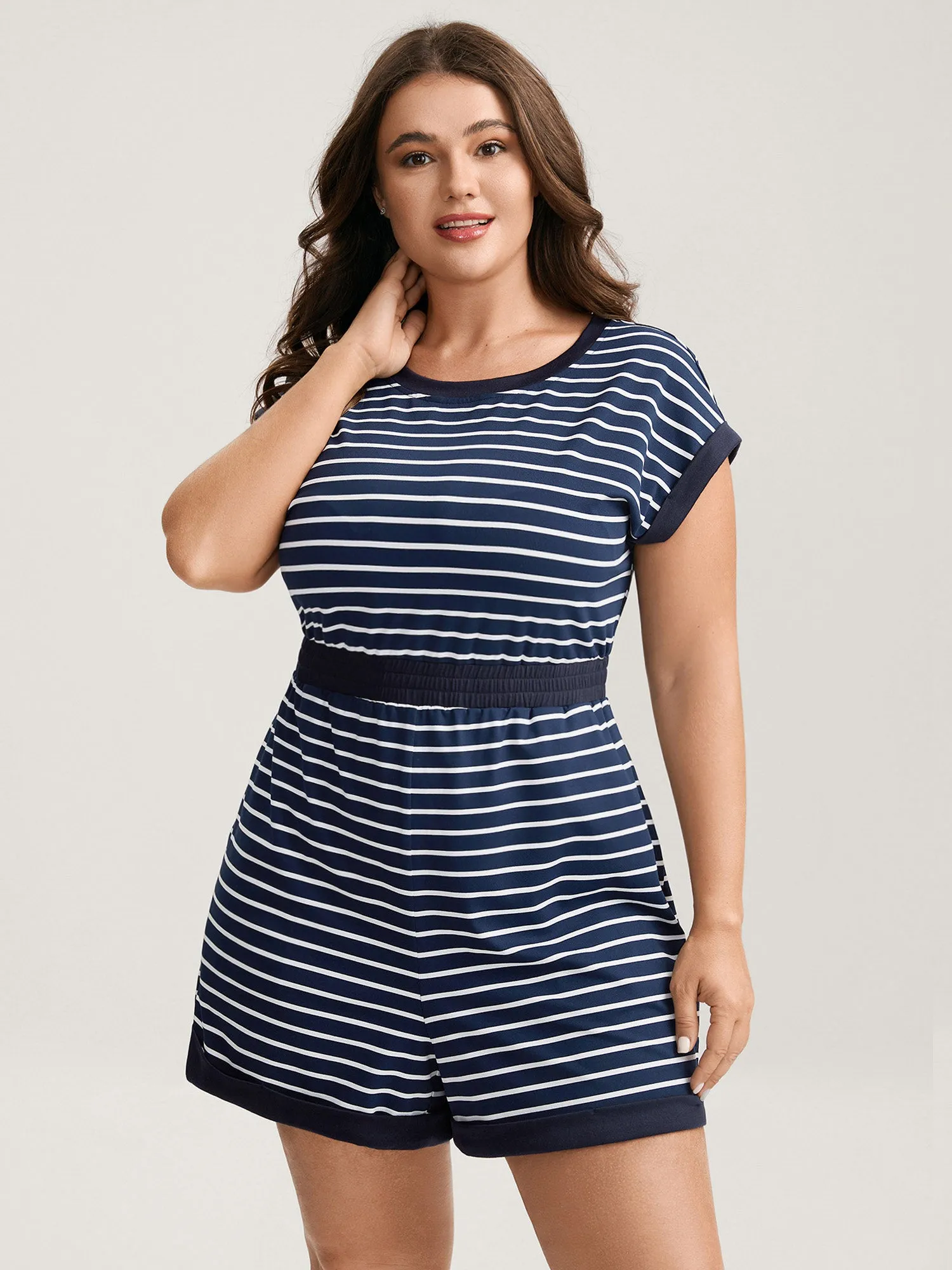 Stripe Color Contrast Round Neck Romper sold by Bloomchic