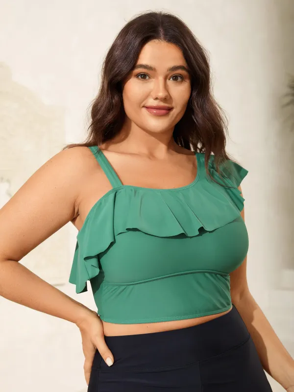 Ruffled Asymmetrical Shoulder Strap Swim Top sold by Bloomchic