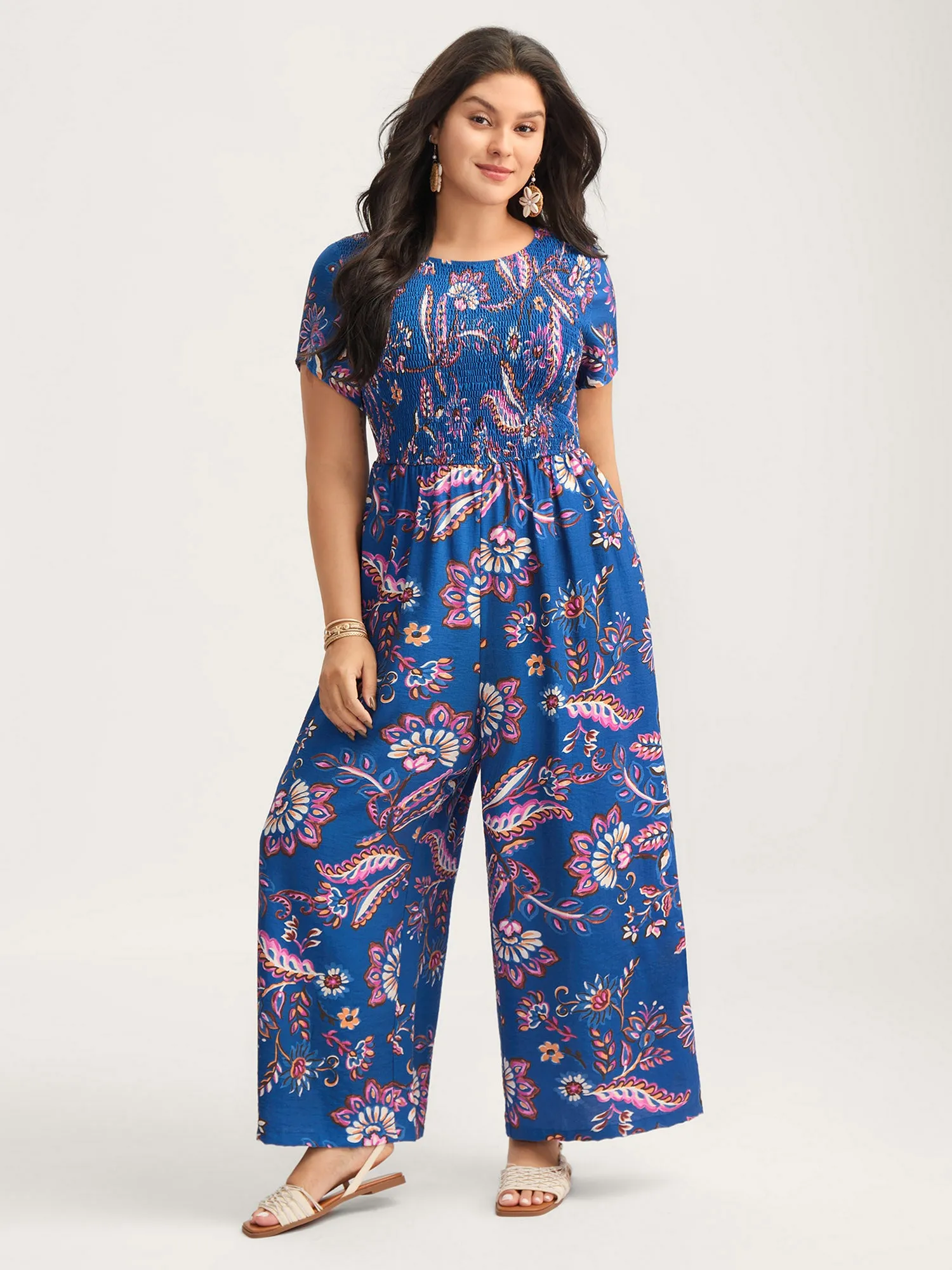 Floral Shirred Bodice Pockets Jumpsuit sold by Bloomchic