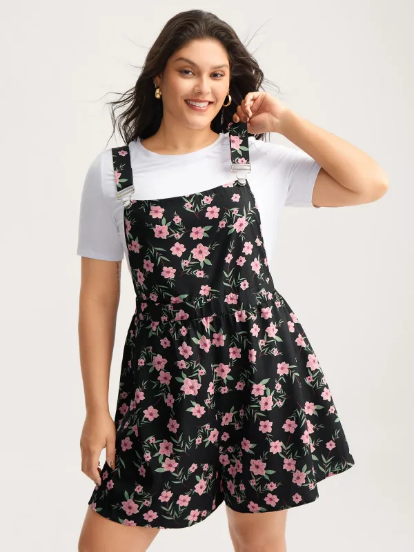 Floral Print Overall Straps Stretchy Romper sold by Bloomchic