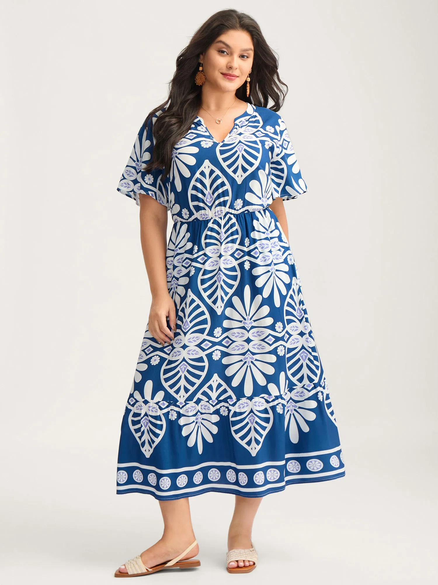 Rayon Ornate Print Cinched-Waist Midi Dress sold by Bloomchic