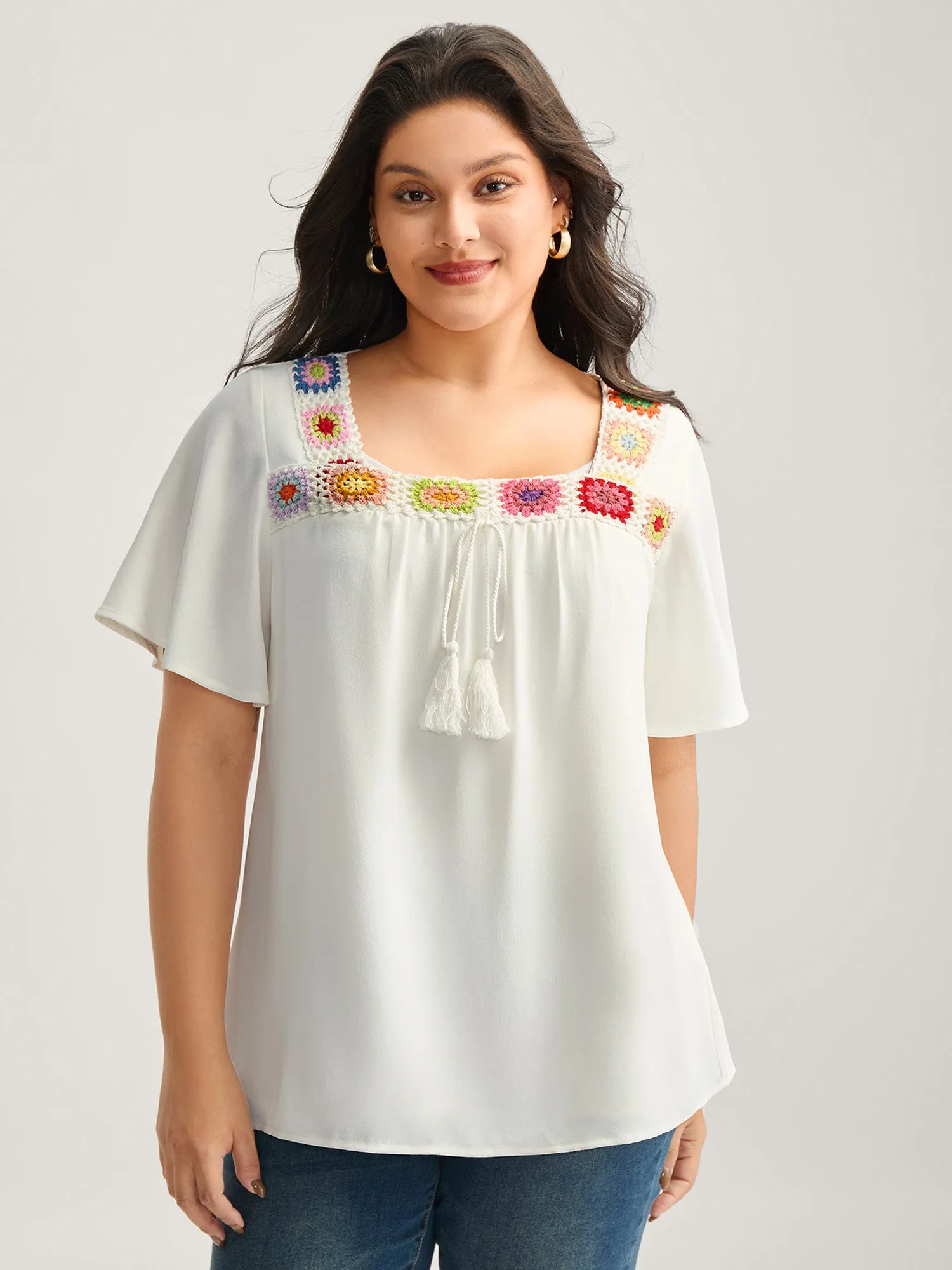 Colorful Crochet Floral Tie Blouse sold by Bloomchic